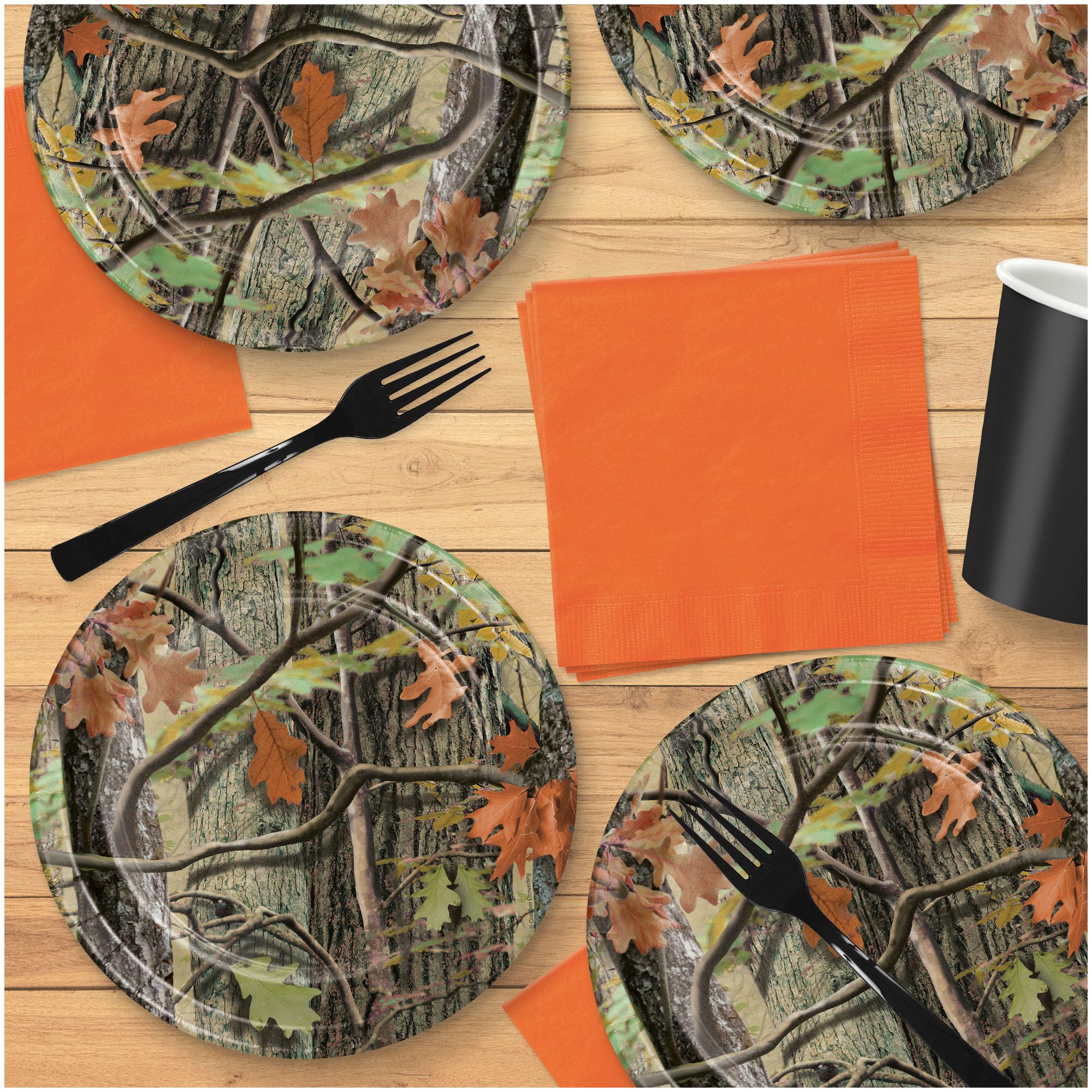 Camouflage Hunting Party Supplies Set - 16 Camo Paper Dessert Plates, Beverage Napkins & Forks for Outdoor Themed Events, Birthday Parties, and Camping Adventures