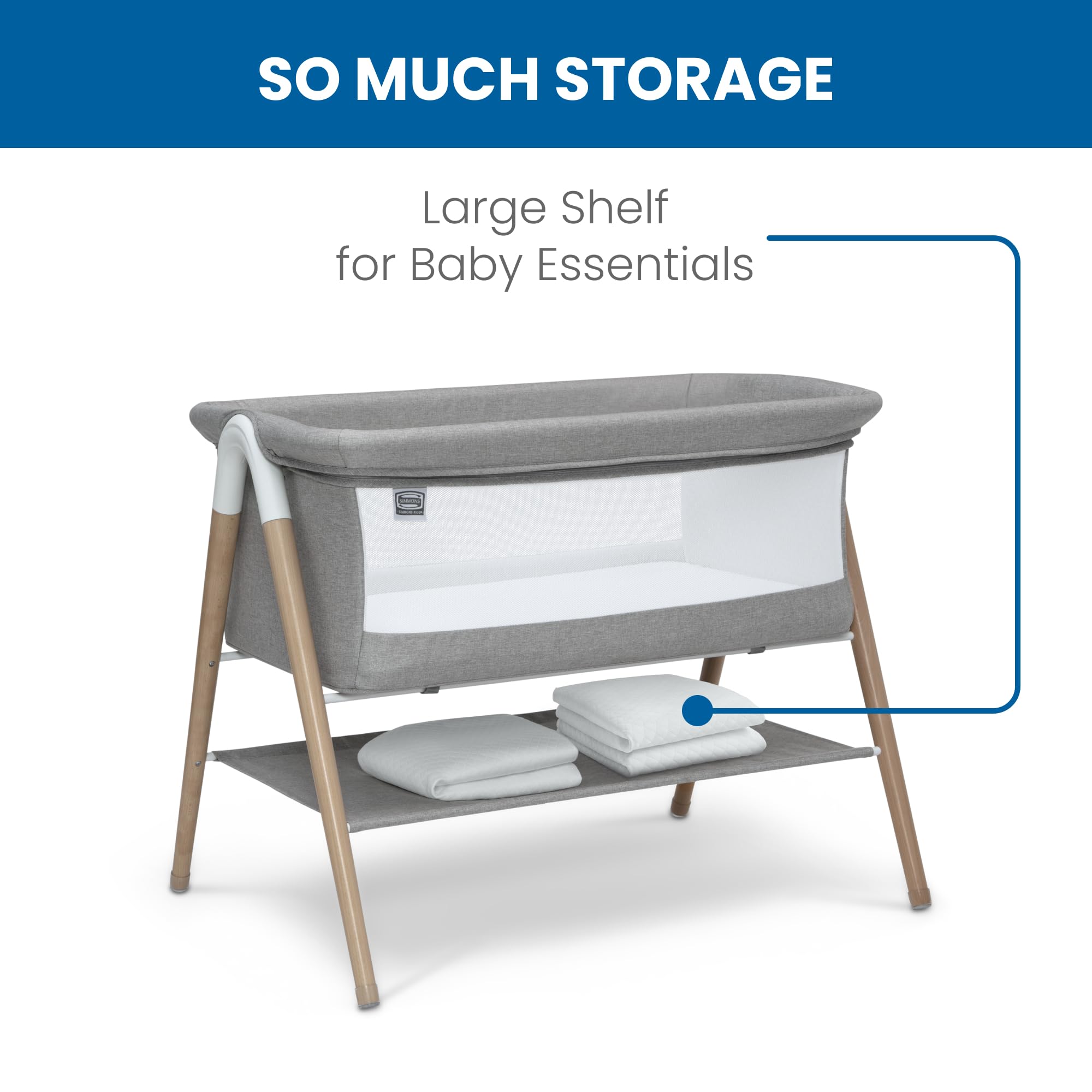 Simmons Kids Koi by The Bed Bassinet - Breathable Mesh Sides & Natural Beechwood Legs - Dove Grey - Safe Baby Sleeper for Bedside Co-Sleeping & Nursery