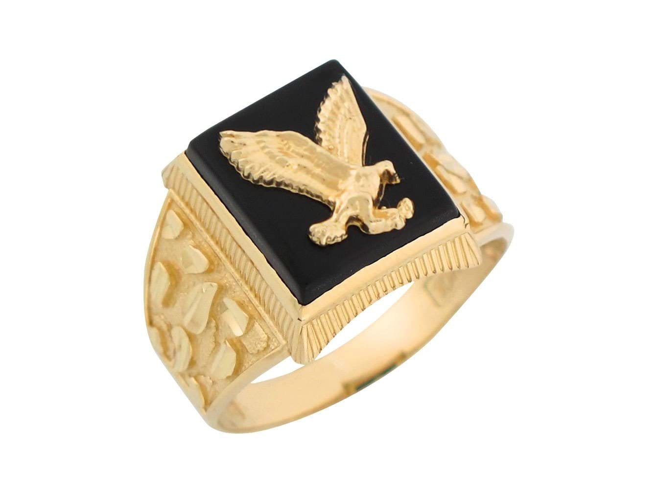 Amoravi 10k Yellow Gold Onyx Flying Eagle Men's Diamond Cut Nugget Ring for Gifts, Weddings & Special Occasions