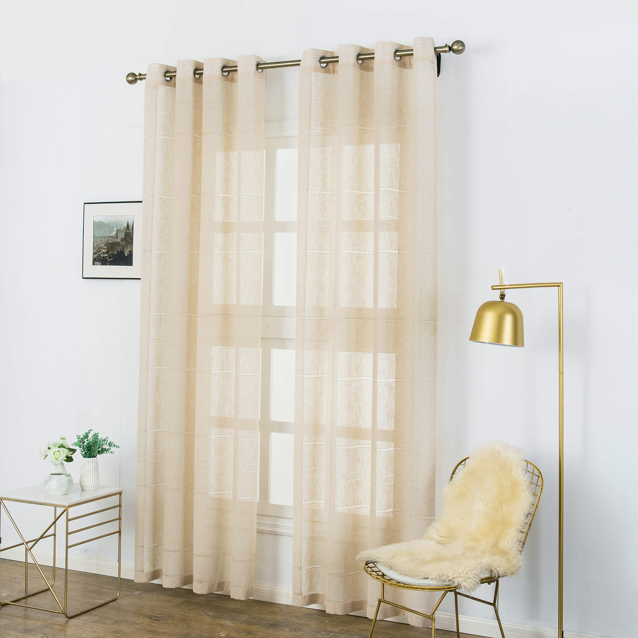 Premium Semi-Sheer Striped Linen Curtains - Set of 2 Voile Panels 52x84 Inches, Beige - Elegant Window Drapes for Living Room, Dining Room & Bedroom Decor