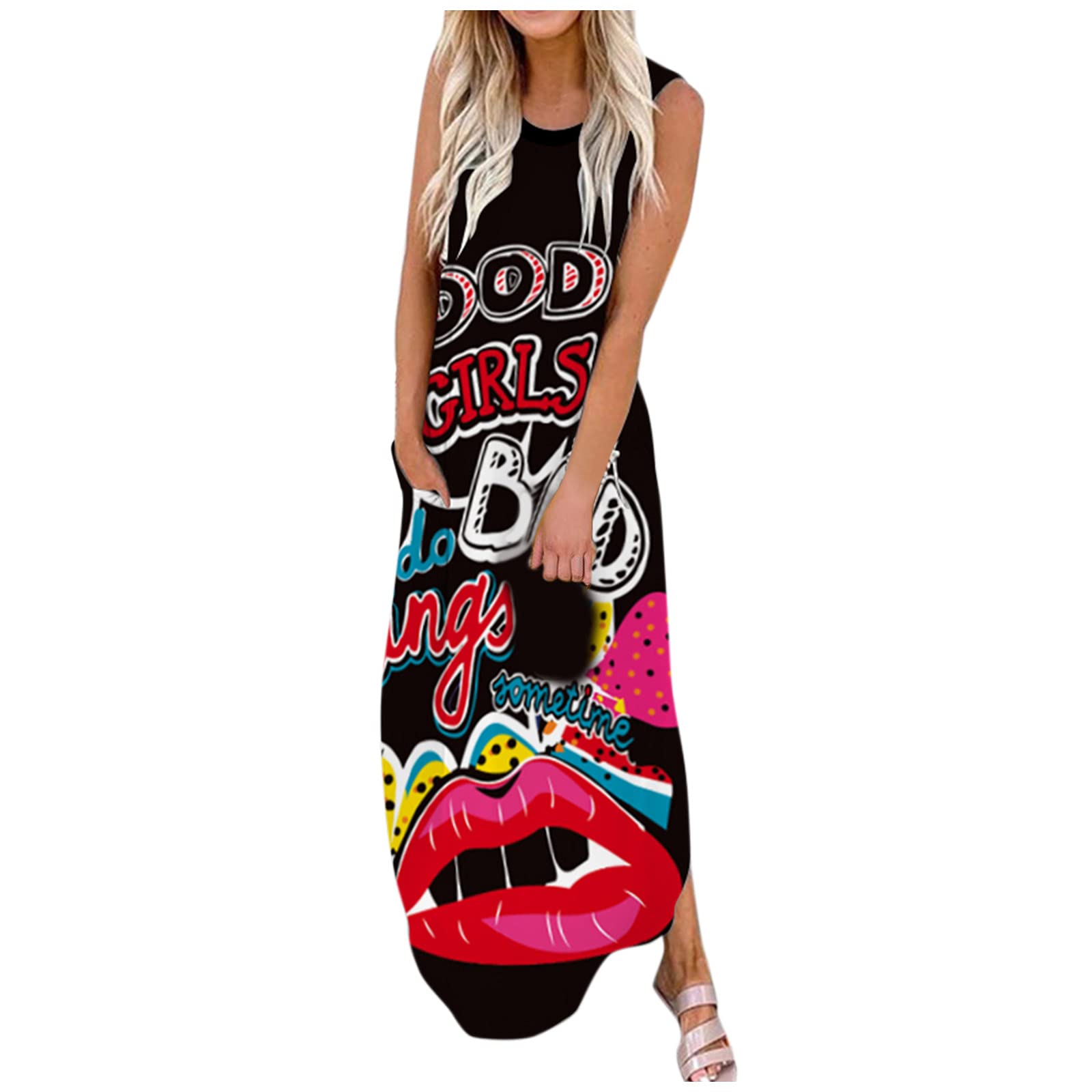 Women's Floral Print Sleeveless Maxi Dress with Pockets - Lightweight Beach Cover Up, Casual Summer Sundress for Vacation, Poolside, and Outdoor Activities