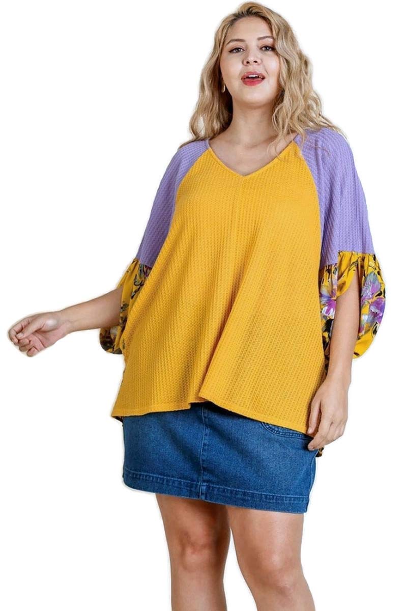 Umgee Women's Floral Split Sleeve Waffle Knit Colorblocked Top | Stylish Casual Blouse for Spring & Summer | Perfect for Date Nights, Office Wear & Weekend Outfits