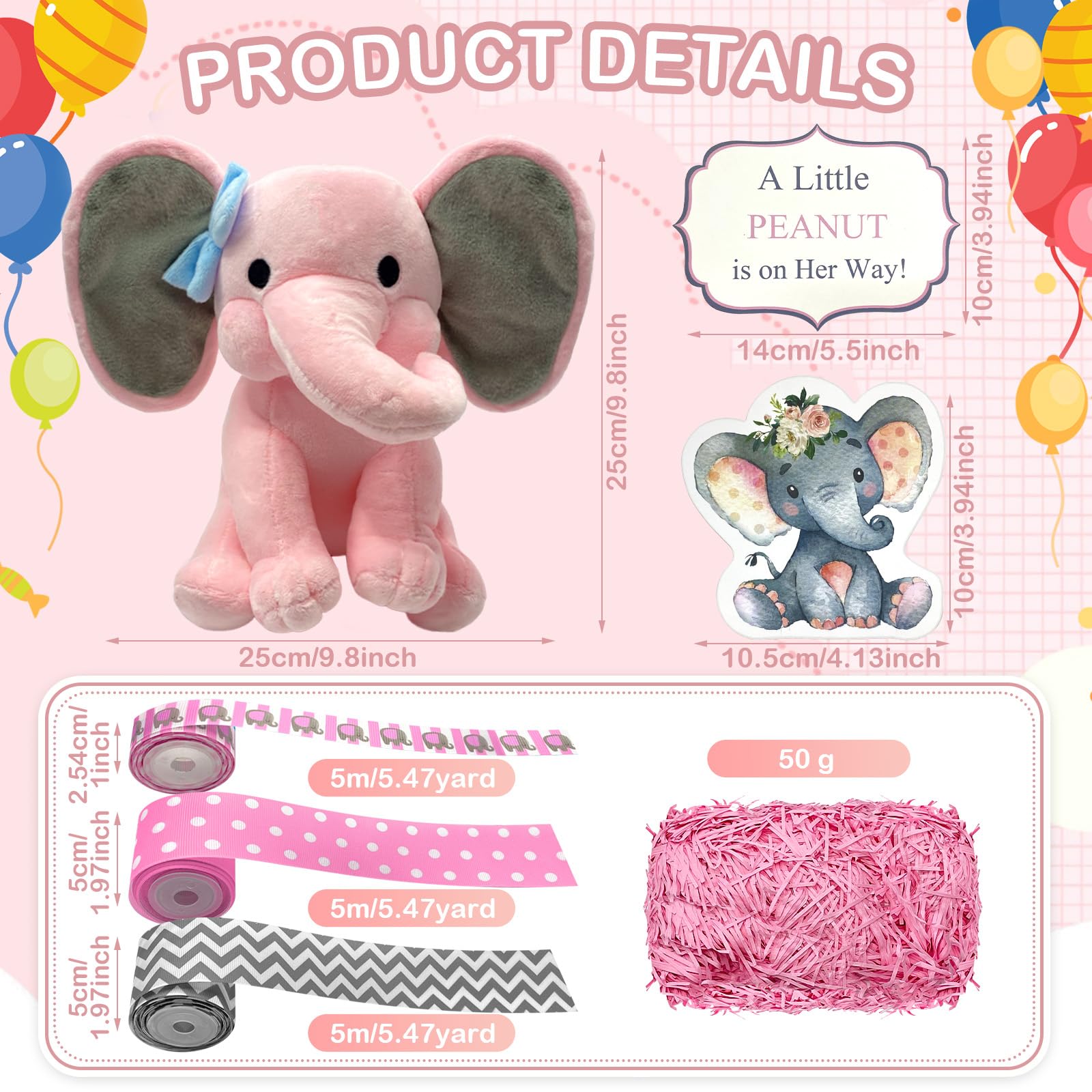 Baby Shower Elephant Diaper Cake Decorations Kit - Baby Shower Supplies for Girls with Grosgrain Ribbon, Plush Elephant & Gender Reveal Cards (Diapers Not Included) | Perfect for Gender Reveal Parties & Newborn Celebrations