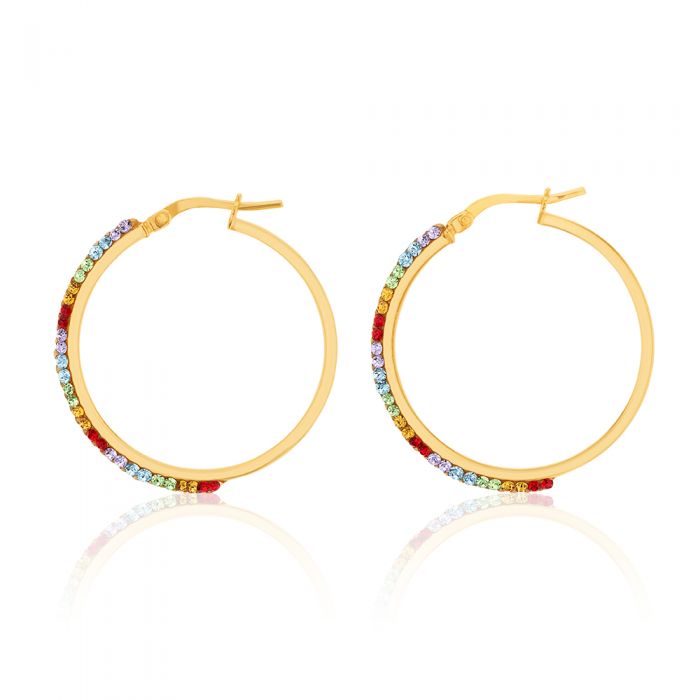 9ct Silver Filled Yellow Gold Rainbow Multi-Color Crystal Hoop Earrings 25mm - Perfect for Parties, Weddings & Everyday Wear