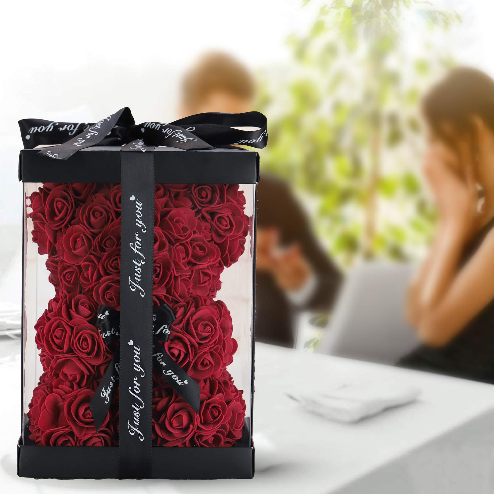 LINKLO 10-inch Rose Teddy Bear - Artificial Rose Flower Bear with Transparent Gift Box, Romantic Gift for Wedding, Mother's Day & Anniversary (Deep Red) | Perfect for Valentine's Day, Birthday Surprises & Home Decor