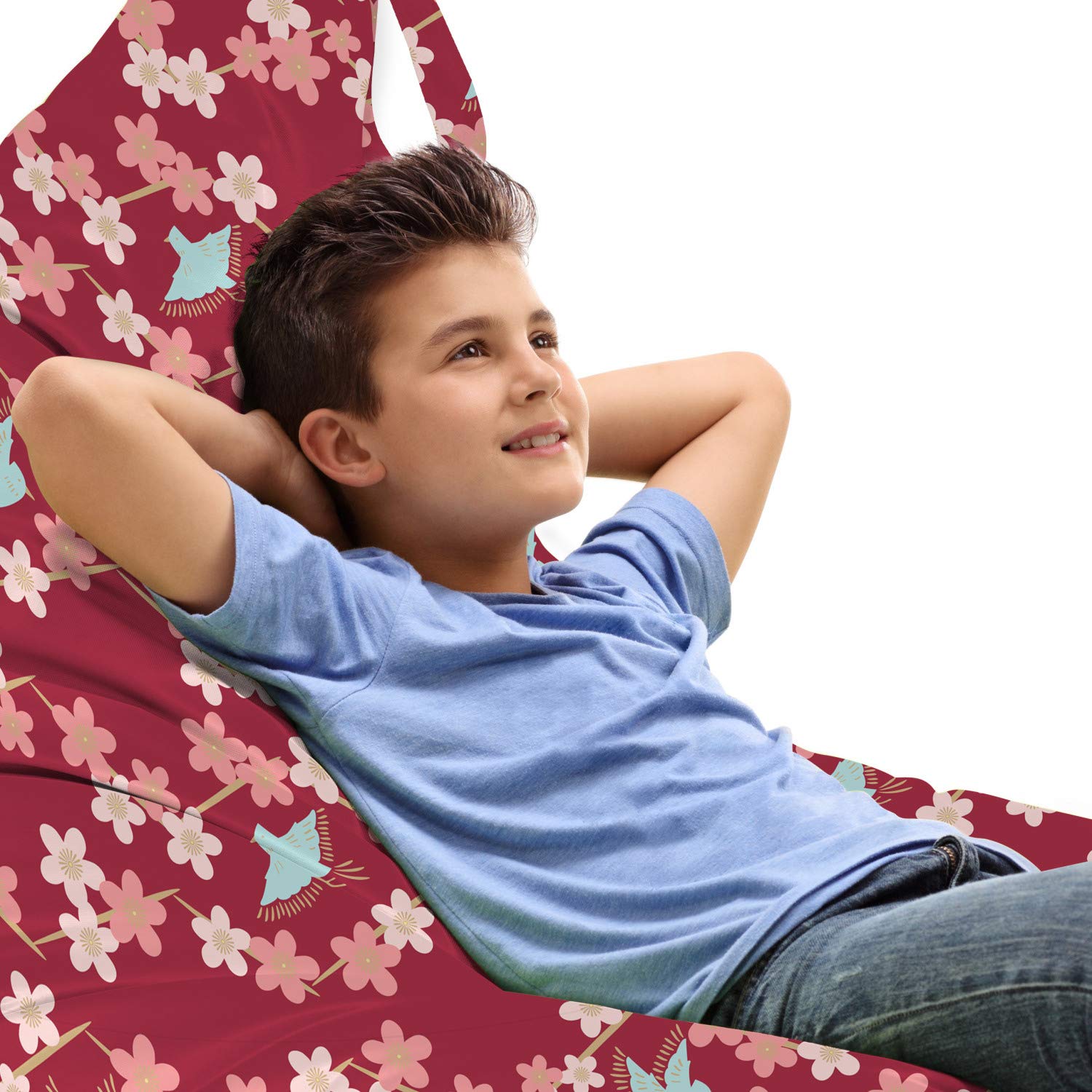 Ambesonne Floral Lounger Chair Bag - Japanese Minimalist Flowers & Birds Design, Large Capacity Storage with Handle, Lounge Chair Size in Ruby & Blush - Perfect for Beach, Picnic, Camping & Outdoor Relaxation