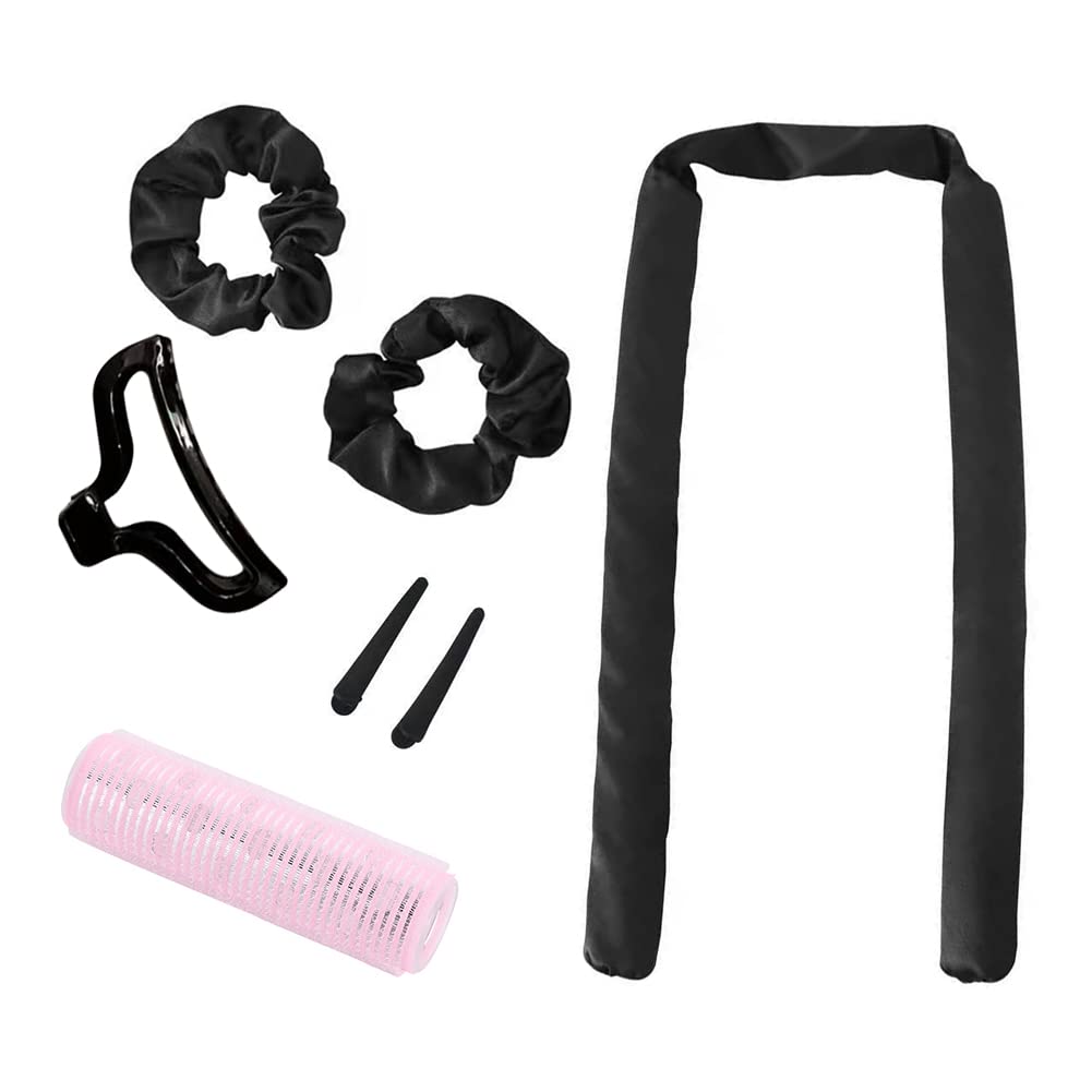Heatless Curling Rod Headband - Soft Foam Silk Ribbon Hair Rollers for Long & Natural Hair with Hair Clips (Black) | Overnight Curls & Effortless Styling