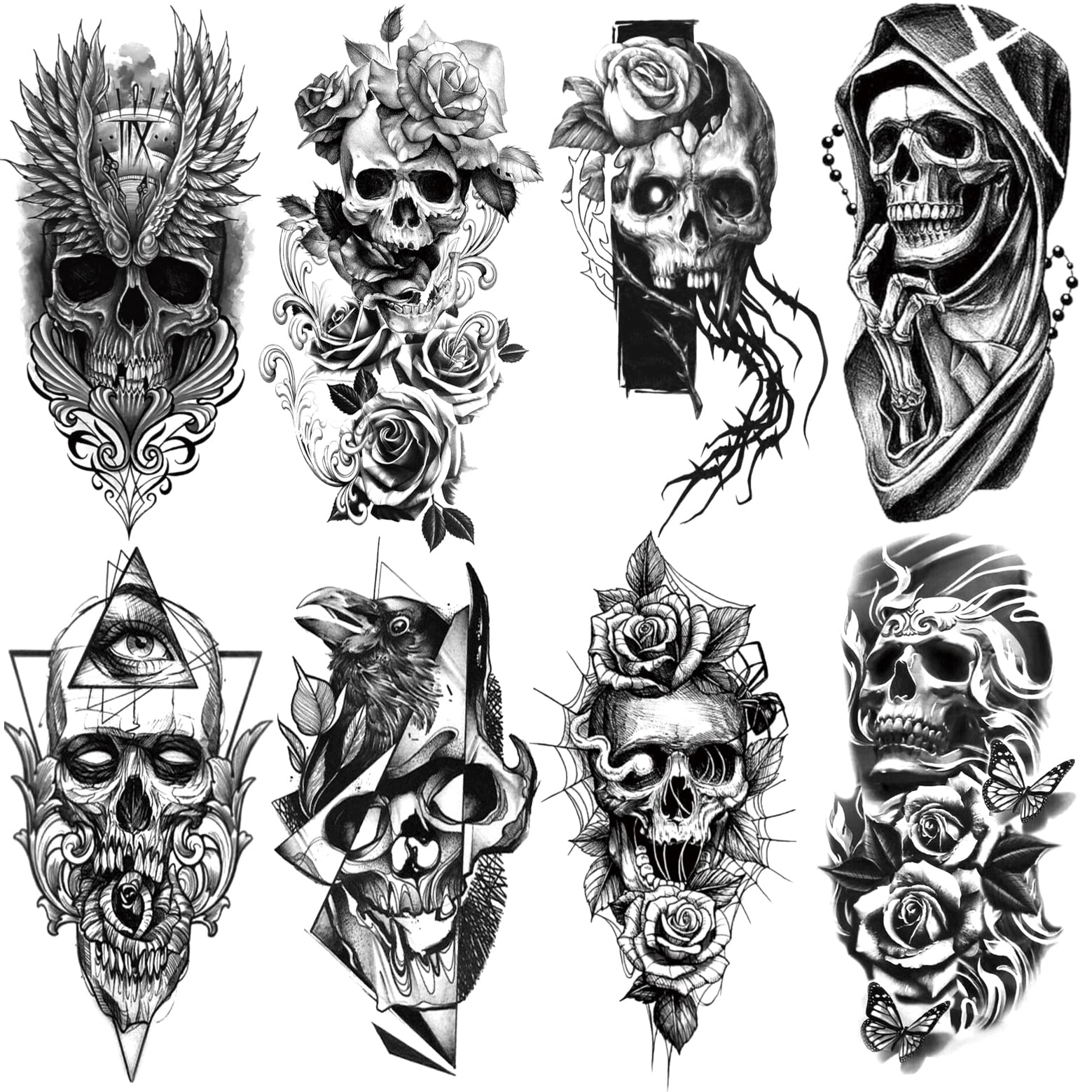 8 Sheets Waterproof Fake Body Art Temporary Tattoos - Skull, Face Flower, Eye, Snake & Bird Wing Designs for Arms & Legs | Perfect for Halloween, Cosplay, Parties & Festivals