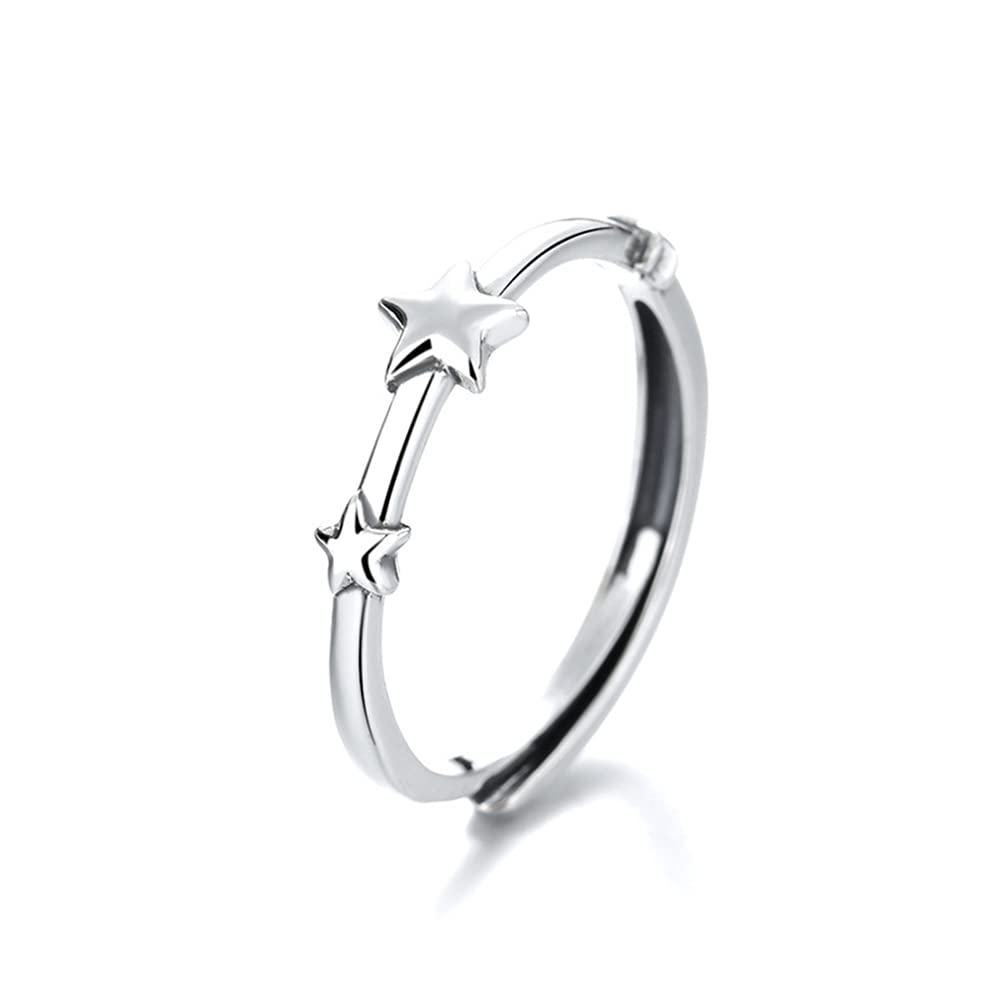 Tiny Star Open Stacking Rings for Women - 925 Sterling Silver Adjustable Minimalist Double Star Ring - Promise Ring, Engagement Band, Pinky Ring - Cute Jewelry Gift for Her, Girlfriend, BFF - Perfect for Everyday Wear, Date Nights & Special Occasions