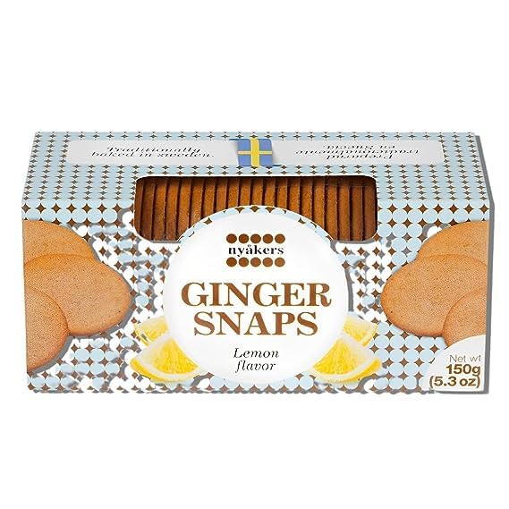 Nyakers Swedish Pepparkakor Lemon Ginger Snaps Cookies - Old Fashioned Thin Ginger Biscuits with Real Ginger & Lemon - Vegan, Palm Oil Free - 5.3oz (Pack of 12) - Perfect for Holiday Gifts, Tea Time & Snacking