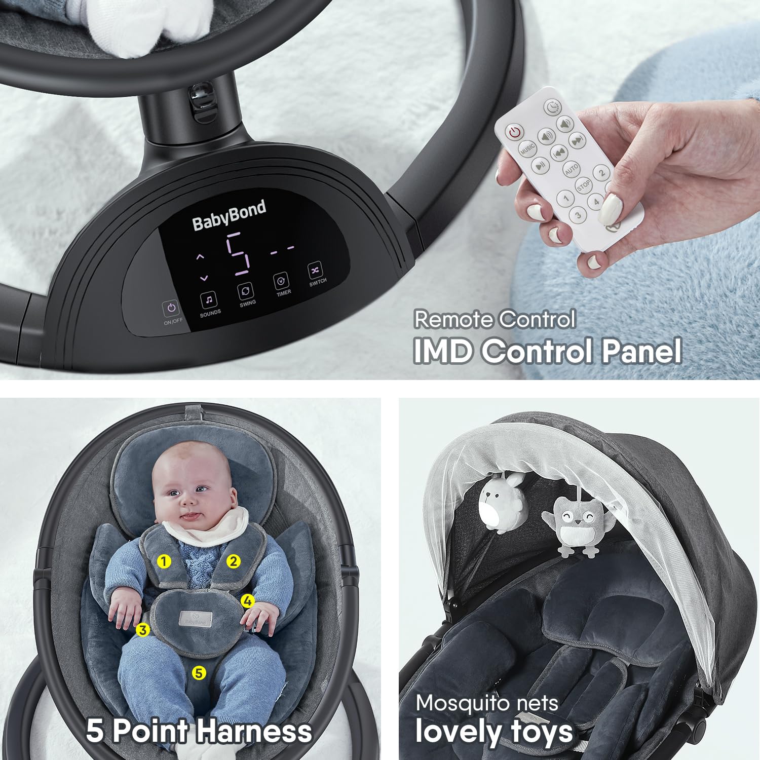 BabyBond Bluetooth Baby Swing for Infants - 5 Speed Adjustable with Music Speaker, 3 Reclining Positions & Remote Control - Safe 5-Point Harness for Newborns to Toddlers - Perfect for Nursery, Travel & Outdoor Use (Black)