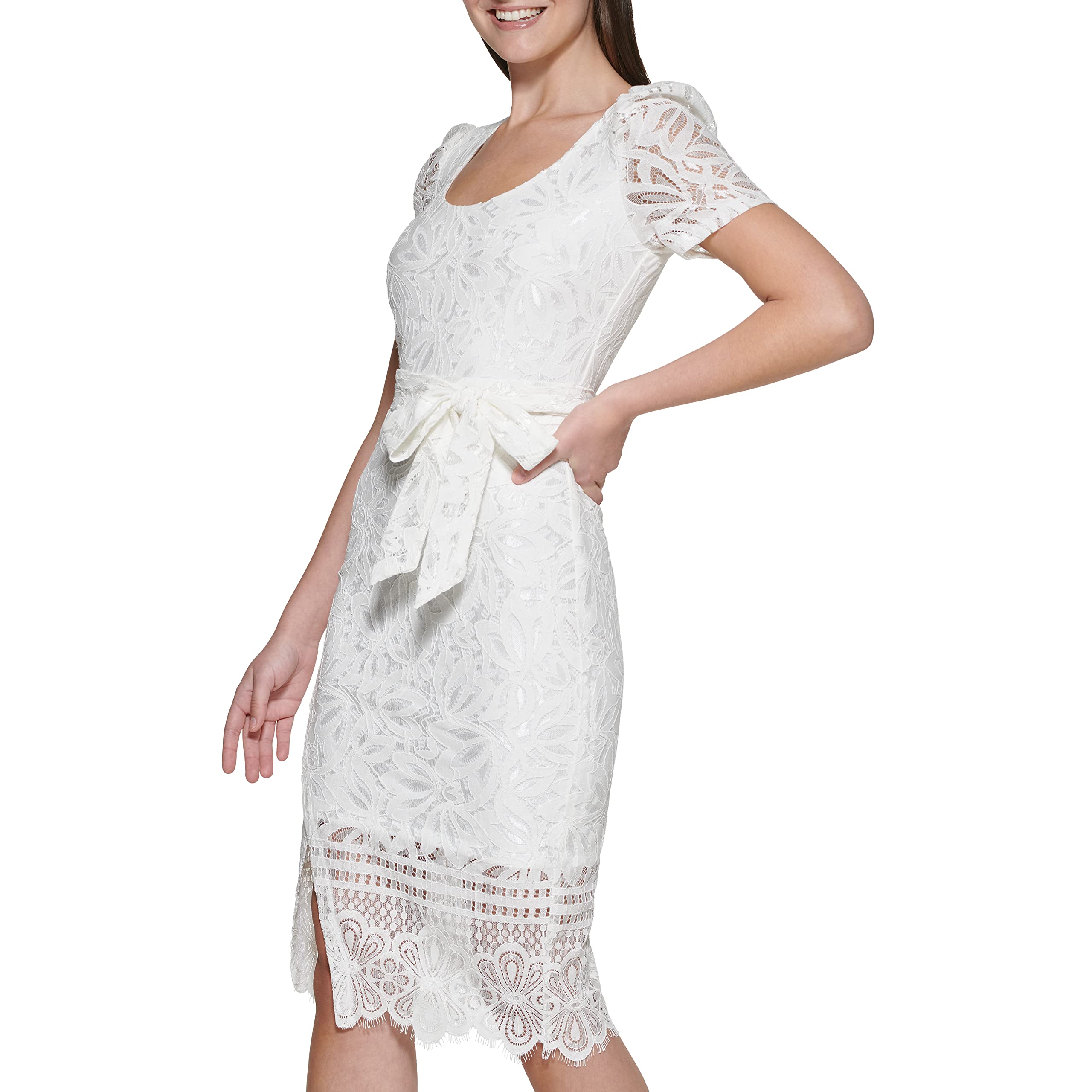 Kensie Women's Short Sleeve Tie Waist Lace Midi Dress - Flowy Summer Dress for Casual Outings, Beach Vacations & Date Nights