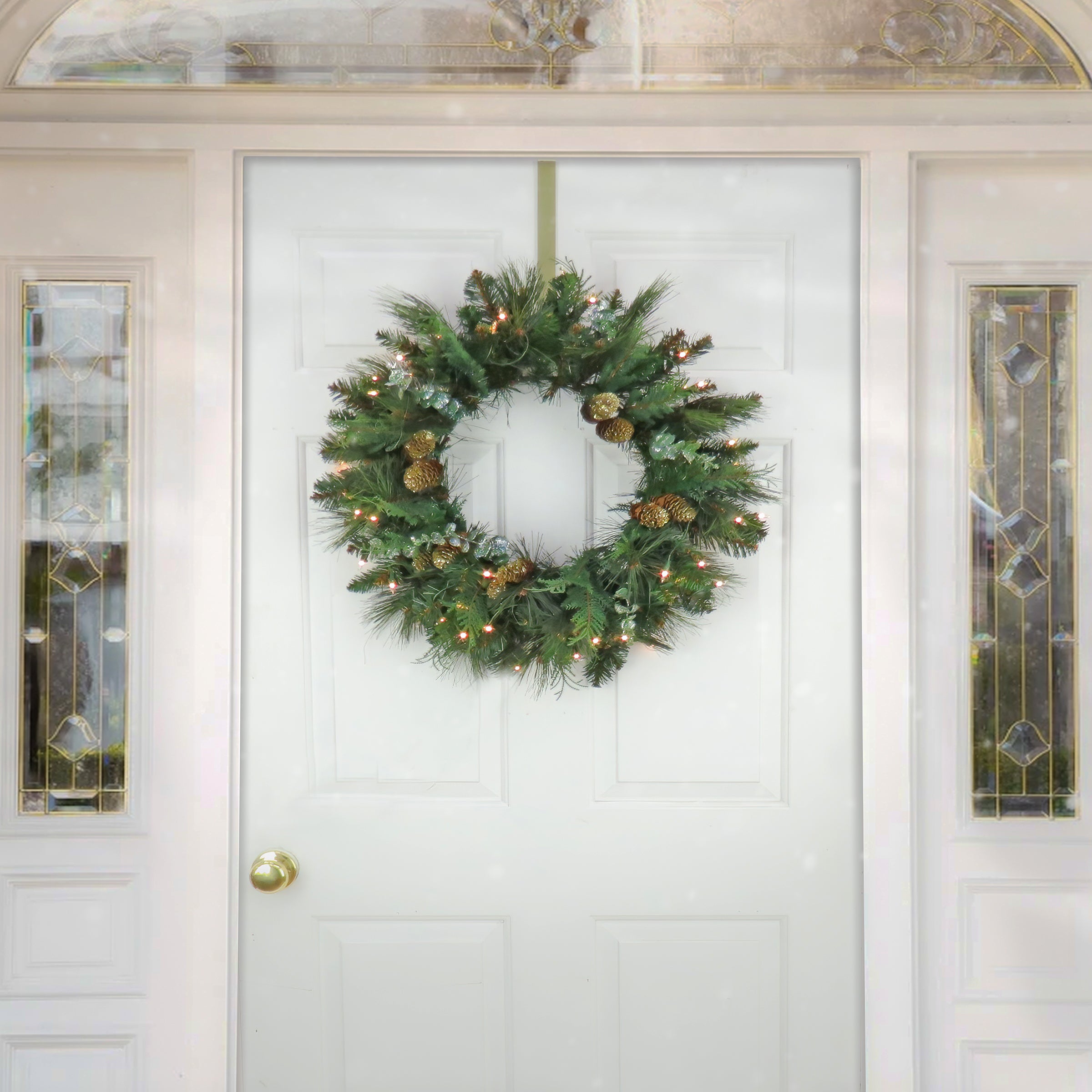 24 Inch Pre-Lit North Conway Christmas Wreath with Warm White LED Lights - Perfect for Front Door, Holiday Decorations & Winter Home Decor