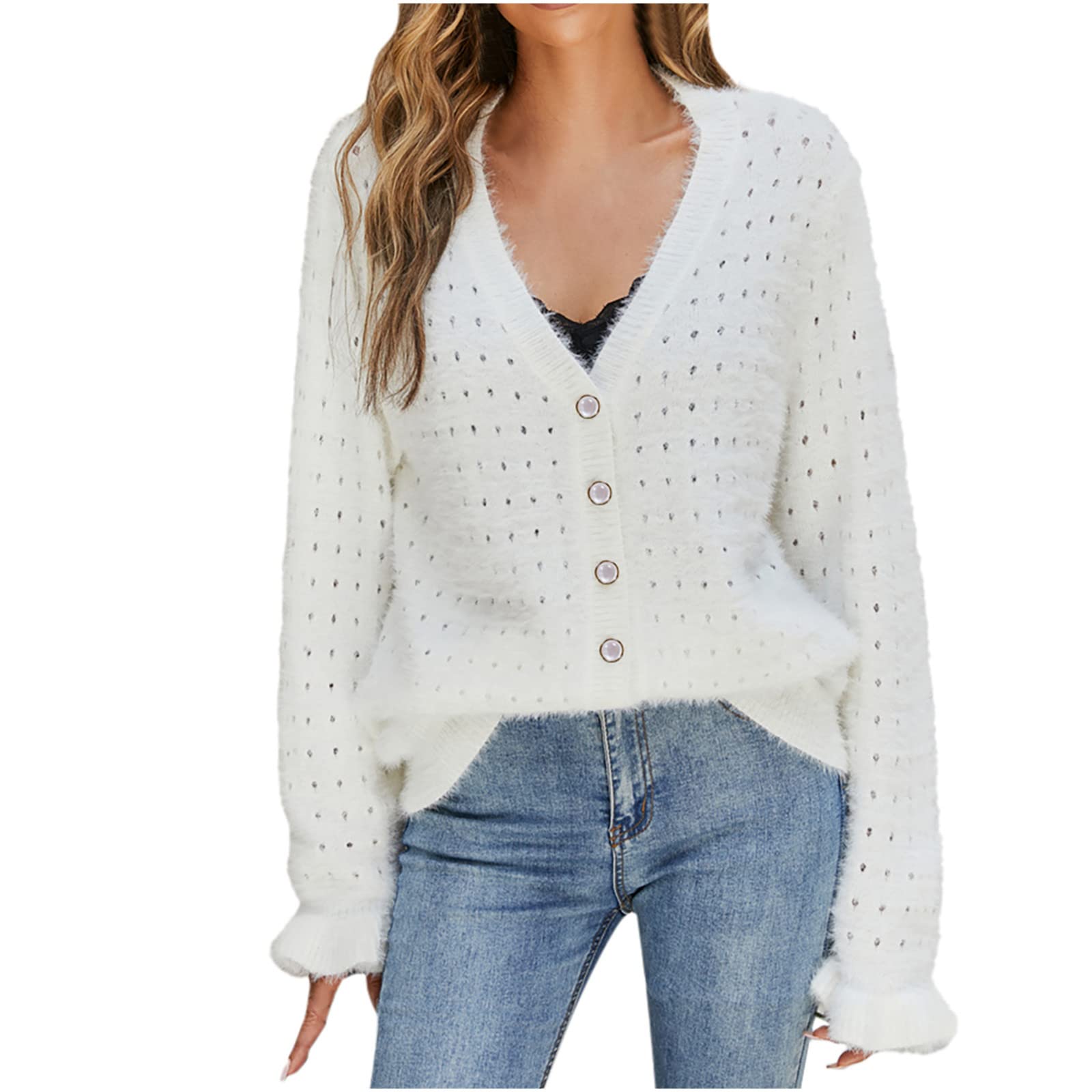 Women's Knitted Cardigan - Novelty Clouds Printed Waffle Knit Cropped Sweater Coat | Loose Long Sleeve Blouse Tops for Casual Wear, Office Outfits & Fall Layering