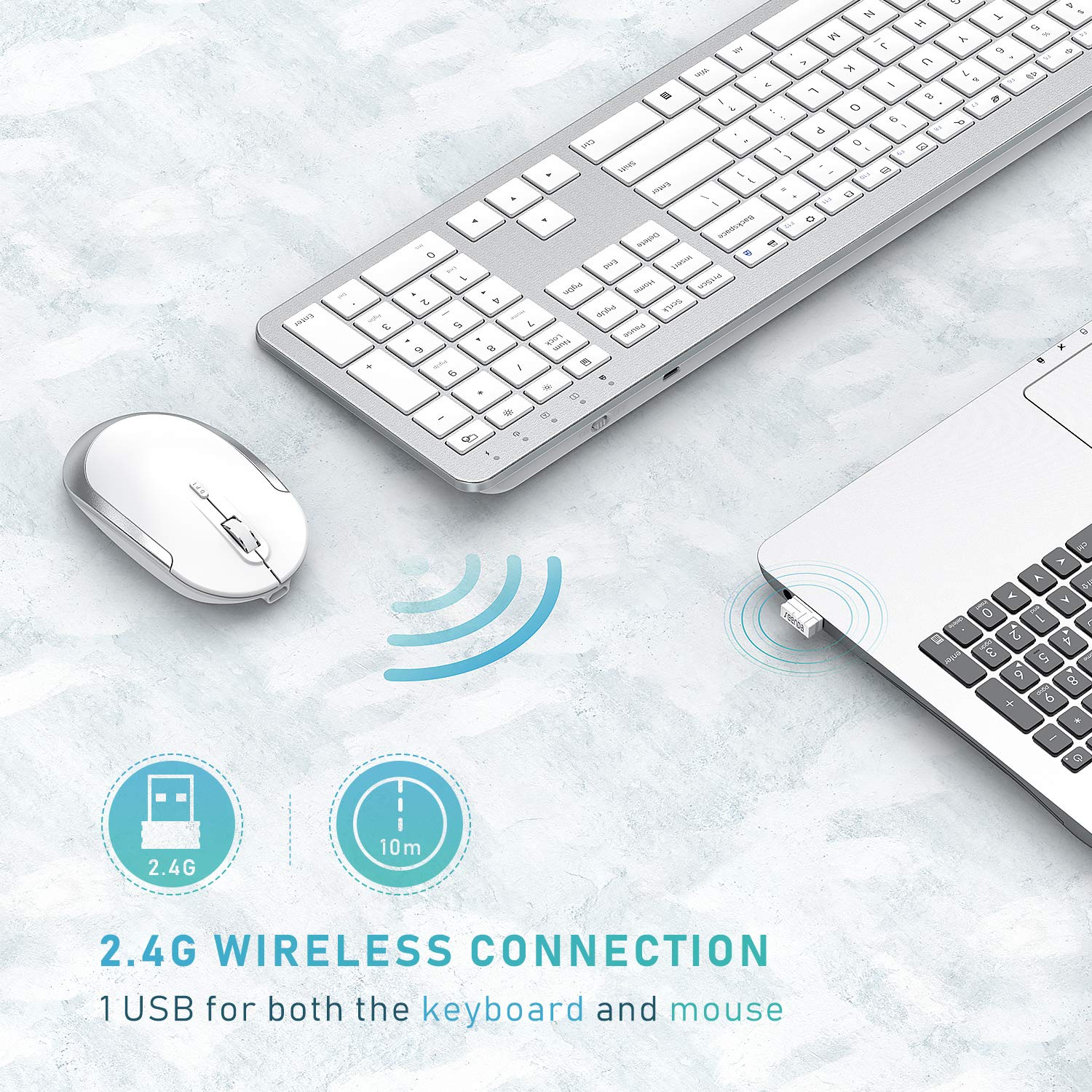 Seenda Rechargeable Wireless Keyboard and Mouse Combo - Full Size Cordless Keyboard with Built-in Lithium Battery, Ultra Thin Quiet Design - Silver & White for Office, Home, Gaming, and Remote Work