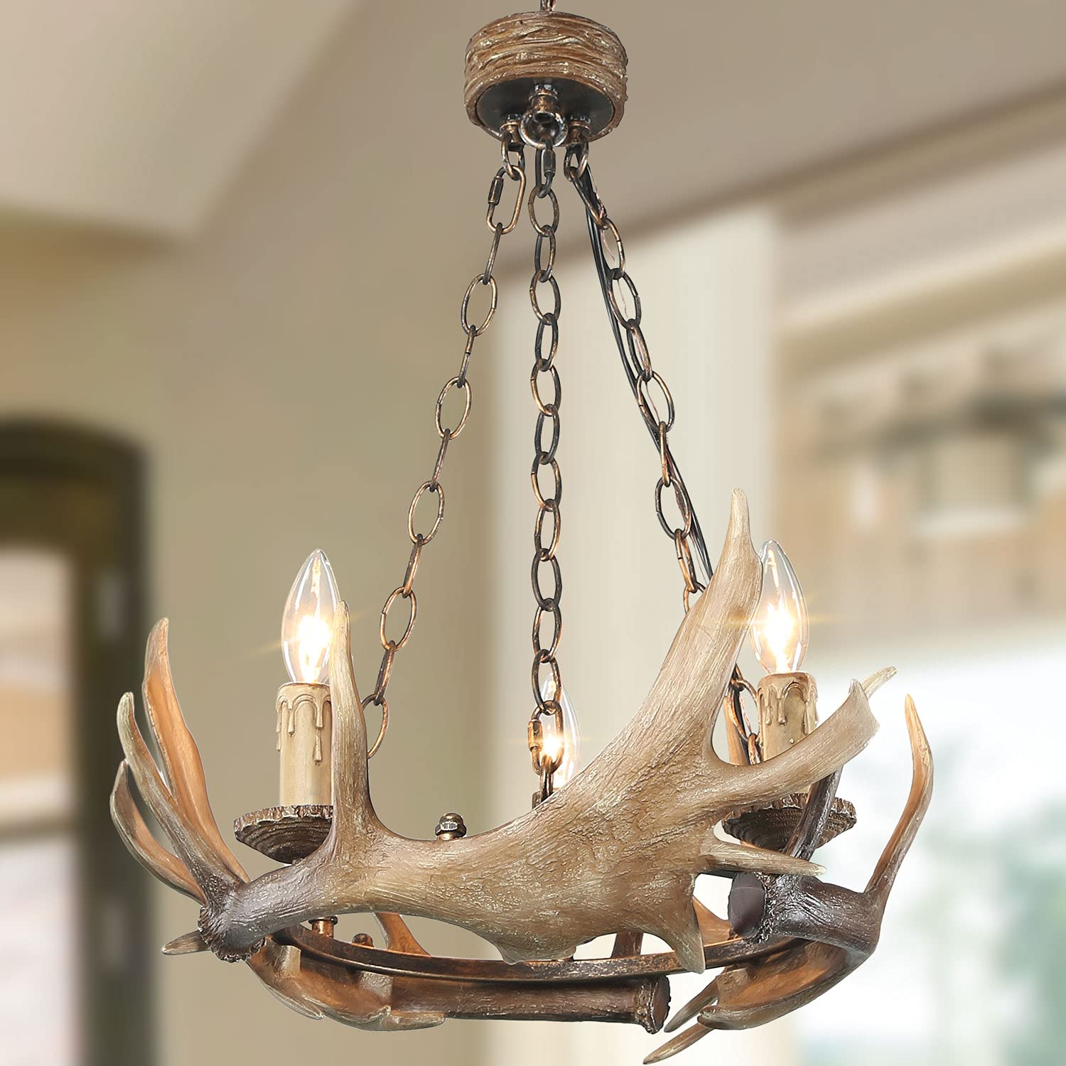 LOG BARN Antler Chandelier - 3-Light Farmhouse Dining Room Ceiling Light Fixture, Hand-Polished Resin, 19.7