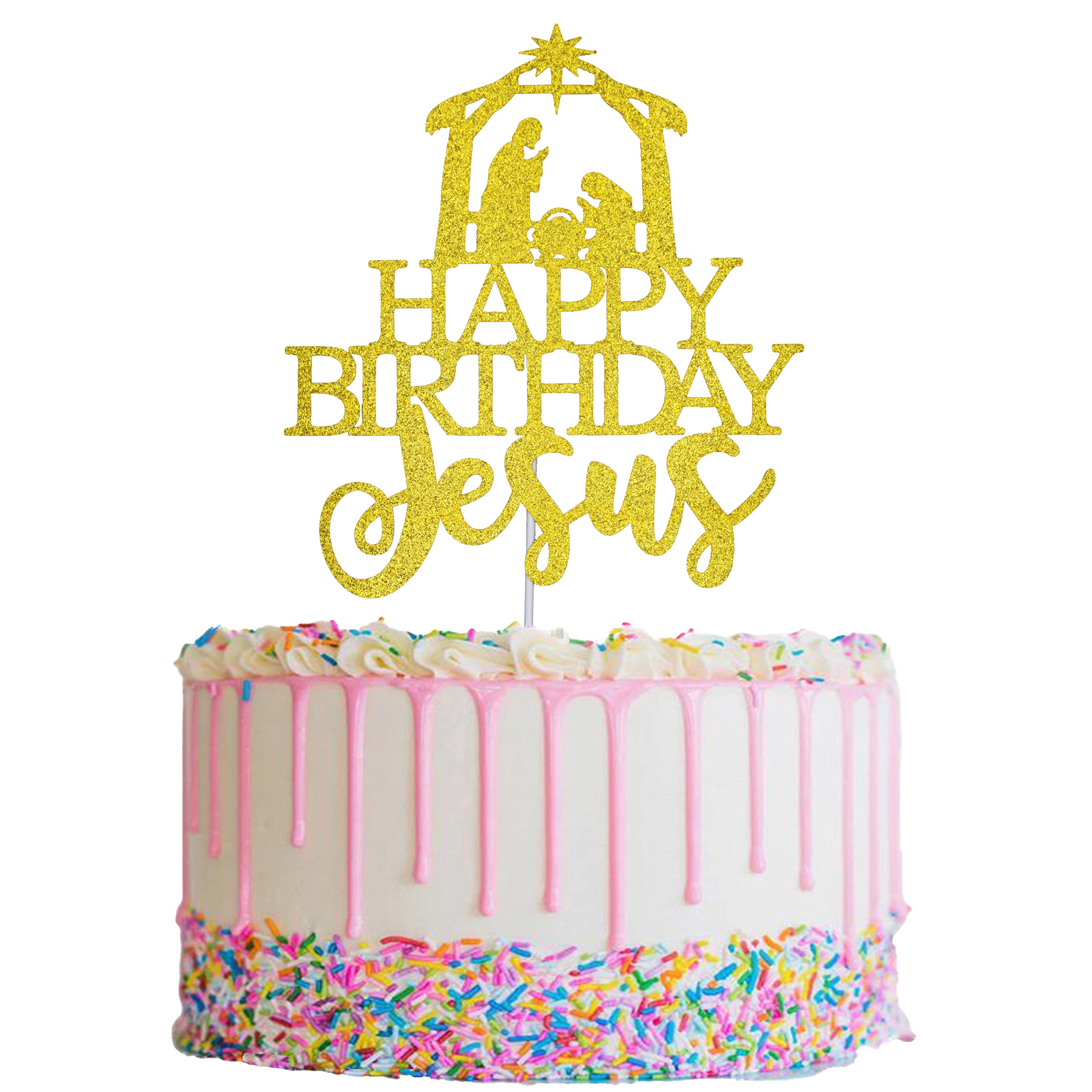 Gold Glitter Jesus Birthday Cake Topper - Nativity Scene Christmas Party Decorations, Religious Holiday Cake Decor for Christmas Birthday Celebrations - Perfect for Church Events, Holiday Gatherings & Nativity-Themed Parties