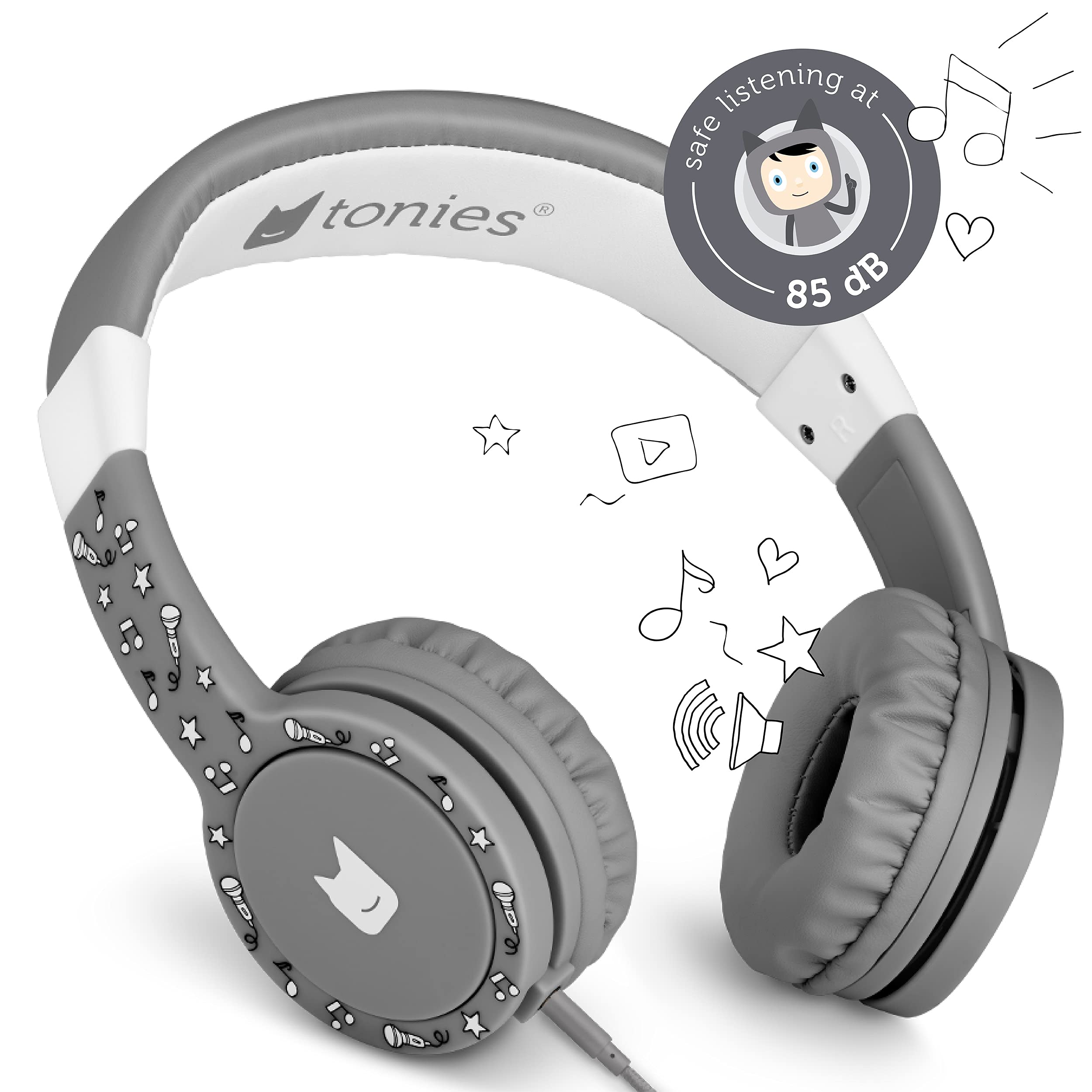 Tonies Kids Headphones Wired for Toniebox - Volume Limited Over Ear Headphones for Children with 1.2m Cable & 3.5mm Jack (Grey) - Perfect for Audiobooks, Music & Safe Listening at Home or Travel