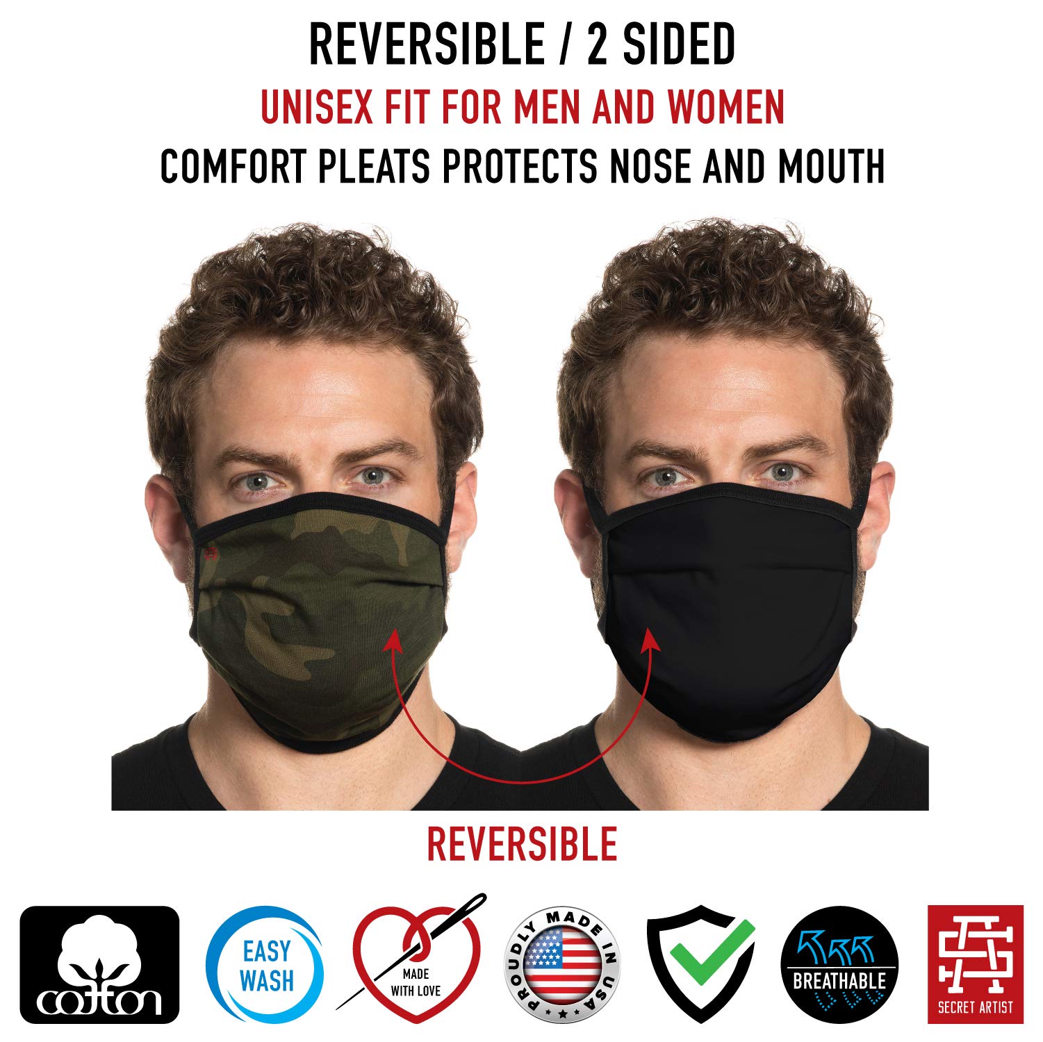 3-Pack Reusable Camo Cloth Face Masks - Washable, Breathable & Adjustable for XL/XXL Faces | Unisex, Reversible & Made in USA | Perfect for Outdoor Activities, Hunting, Hiking & Daily Protection