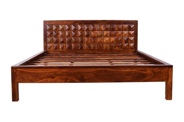 Premium Solid Sheesham Wood Queen Size Bed Frame with Diamond Design - Handcrafted Indian Hardwood Bed for Master Bedroom & Guest Room Elegance