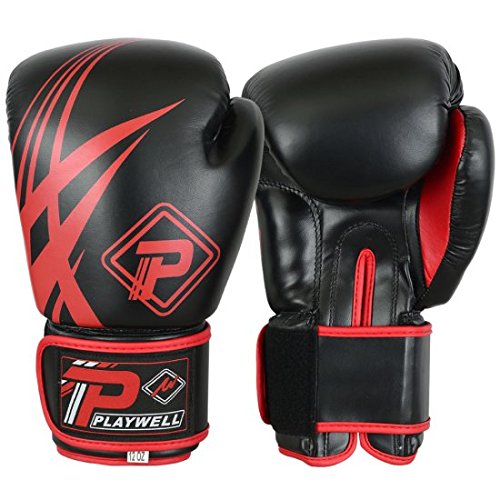 Playwell Black & Red Tribal Design Boxing Gloves for Training, Sparring & MMA - Premium Leather Punching Bag Gloves for Men & Women