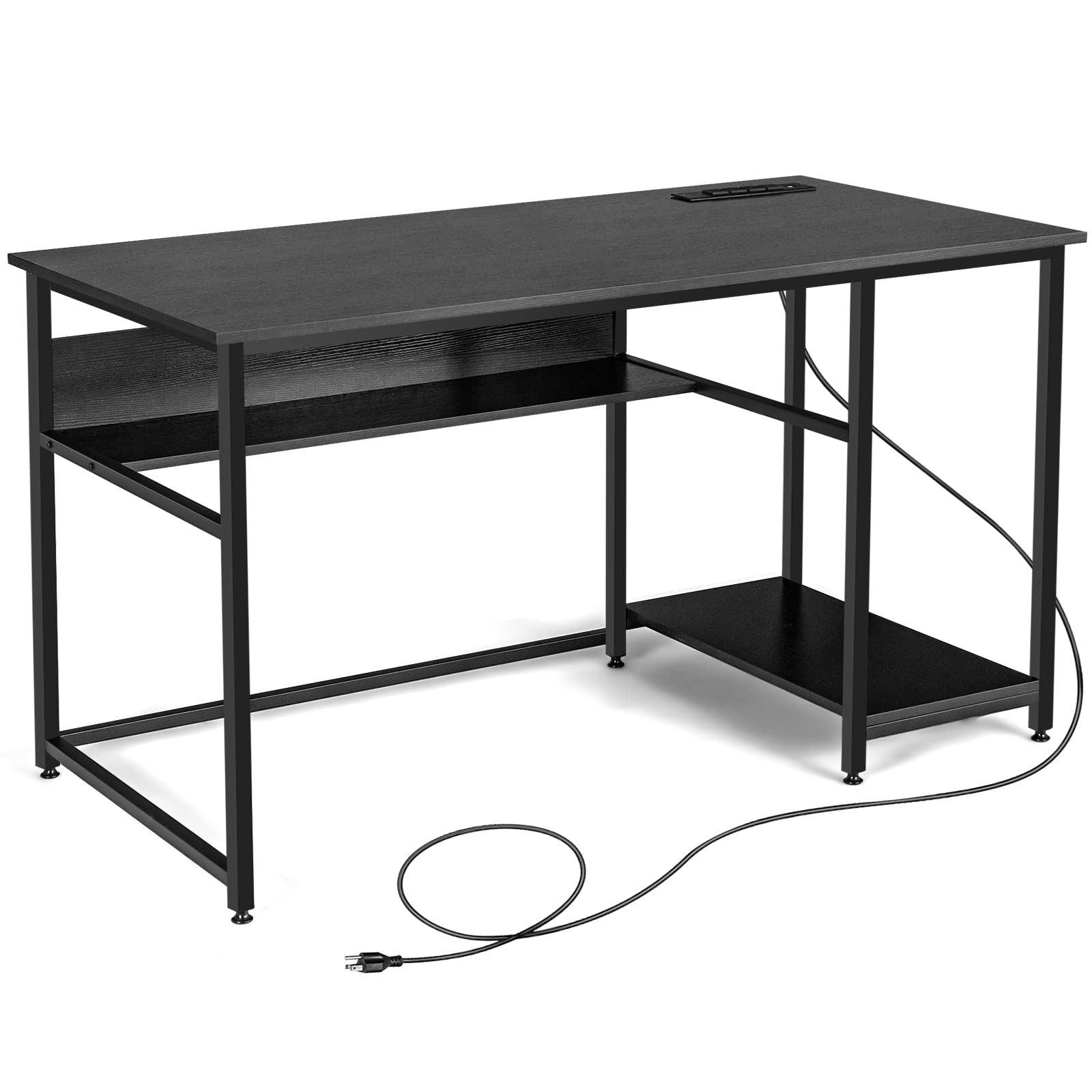 Tangkula 55 Inch Home Office Desk with Power Outlet & USB Ports - Sturdy Metal Frame Computer Workstation with Storage Shelf - Vintage Writing Desk for Living Room, Office, Study (Black) - Perfect for Remote Work, Gaming & Home Office Setup