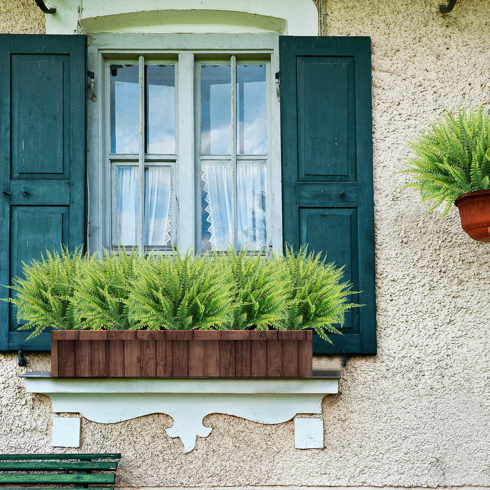 12 Bundles Artificial Boston Fern Plants - UV Resistant Faux Greenery for Outdoor Garden, Porch & Window Box Decor - Perfect for Patio, Balcony & Home Landscaping