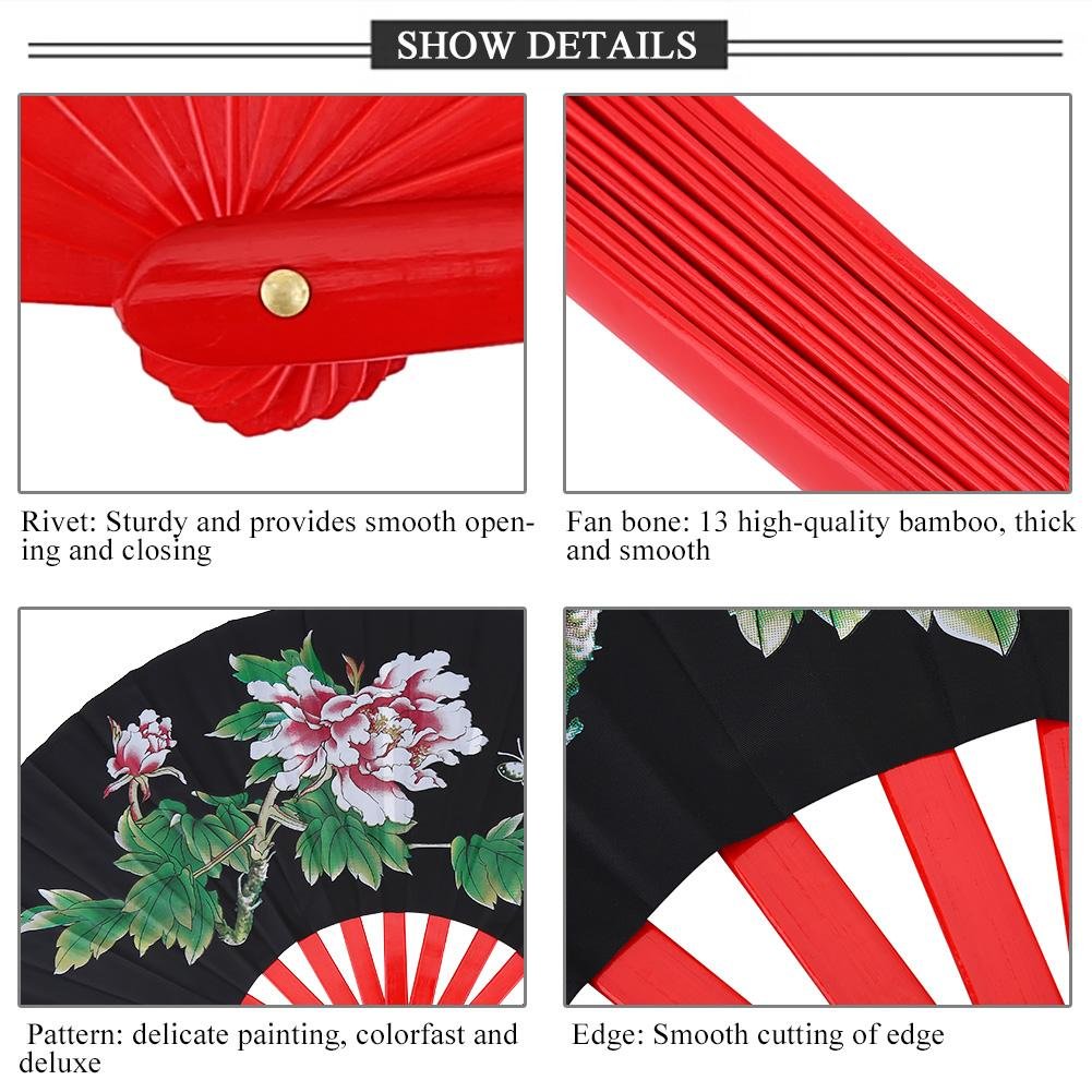Traditional Chinese Bamboo Tai Chi Fan - Large Foldable Hand Fan for Kung Fu, Martial Arts, Wushu Dance Practice & Training - Silk Rave Fan with Right Hand Grip (Black) | Perfect for Tai Chi Exercises, Kung Fu Training, Dance Performances & Summer Cooling