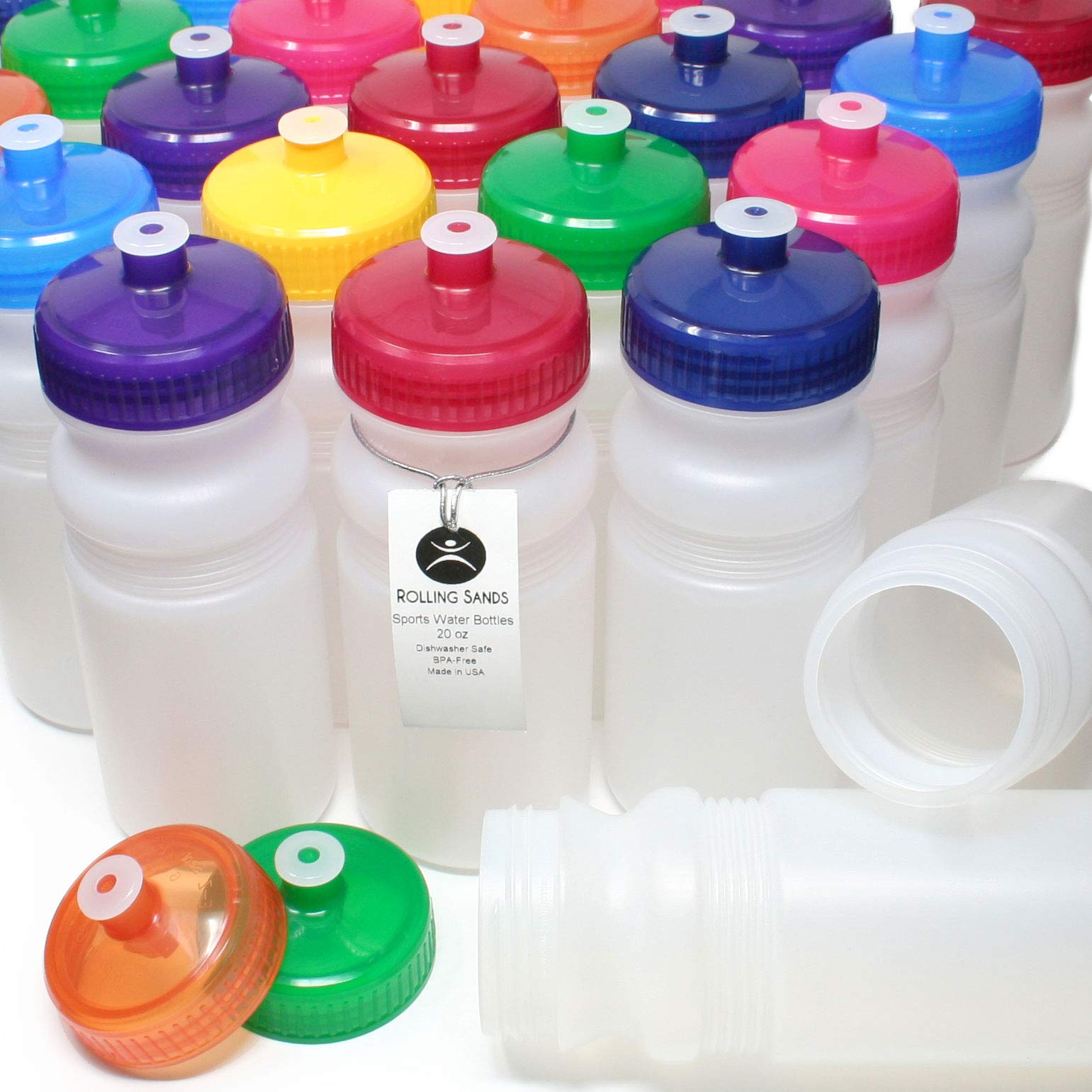 Rolling Sands 20oz BPA-Free Sports Water Bottles 100 Pack - Dishwasher Safe, Made in USA - Perfect for Gyms, Schools, Teams & Outdoor Activities