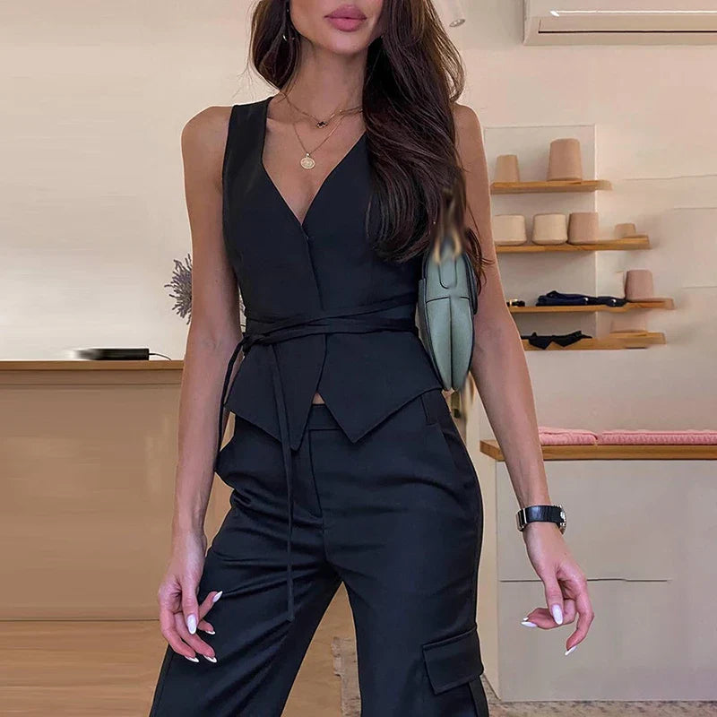 Elegant Chic Lace-Up V-Neck Women's Vest - Solid Slim Sleeveless Tops for Spring & Summer | Sexy Streetwear Fashion for Ladies | Perfect for Date Nights, Parties & Casual Outings