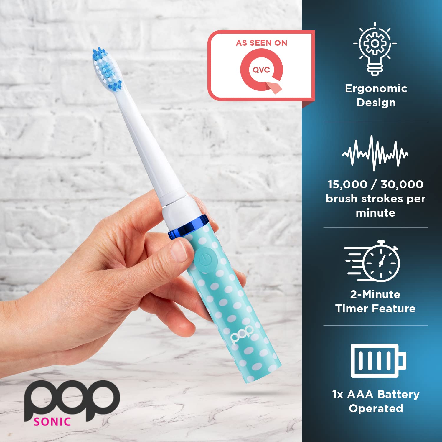 Pop Sonic Electric Toothbrush for Kids & Travel - Blue Dots Design with 2 Speed Modes (15,000-30,000 Strokes/Minute), AAA Battery Powered, Dupont Nylon Bristles - Perfect for Home, School & Vacation Use