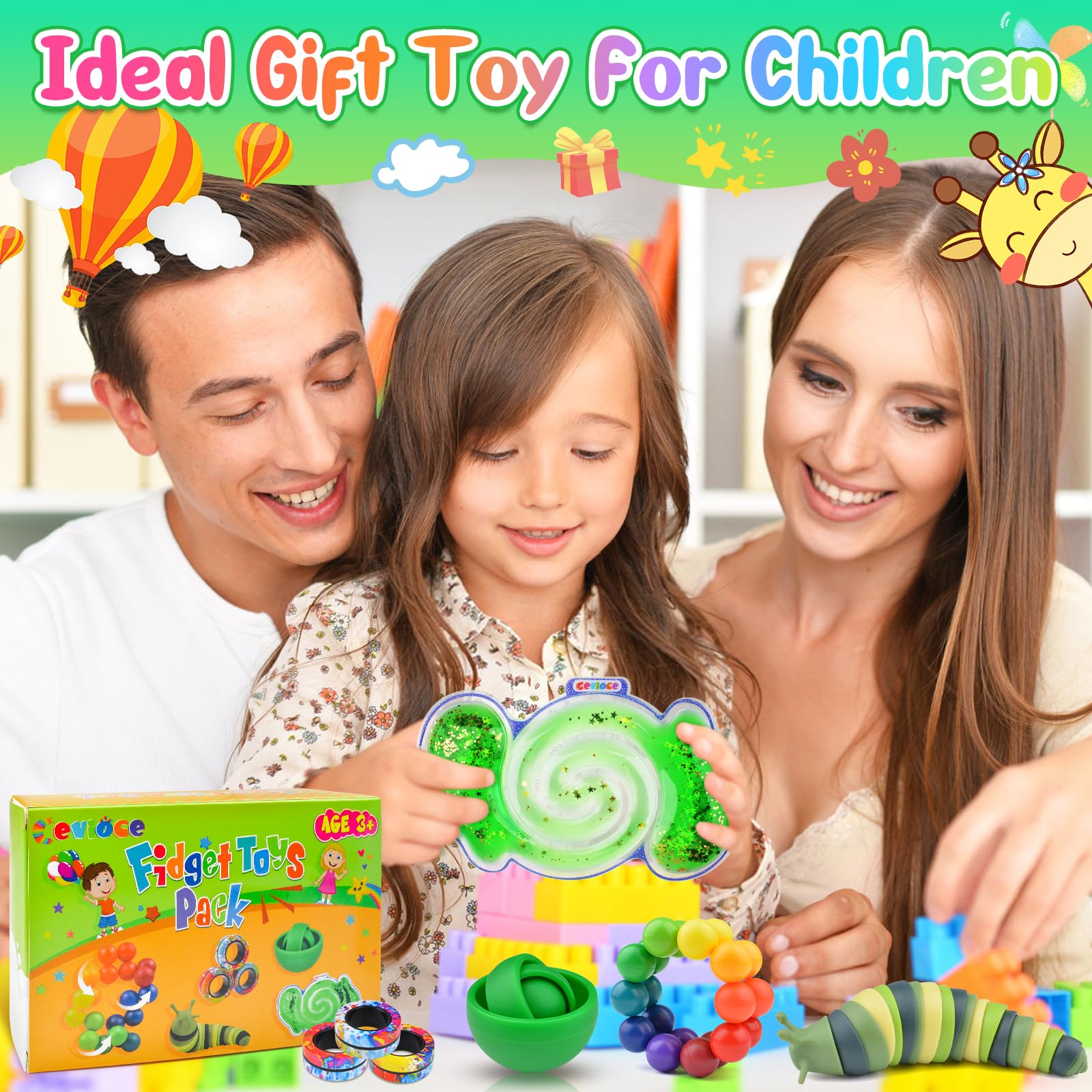 Cevioce 5Pcs Stress Relief Fidget Toys Set for Adults & Kids - ADHD Sensory Toys with Spinner, Slug Magnetic Rings & Squishy Toys - Easter Basket Stuffers, Party Favors, Autism Therapy & Classroom Sensory Tools
