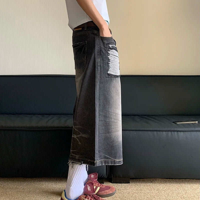 American Style Summer Loose Washed Distressed Men's Straight Leg Denim Shorts - Gradient Color Casual Pants for Outdoor Activities & Beach Wear | 24E1082