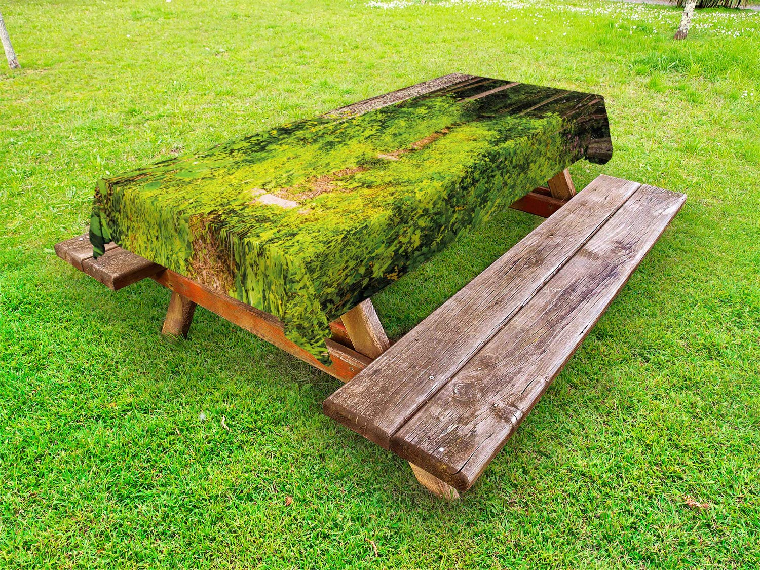 Lunarable Appalachian Trail Outdoor Tablecloth – Nature Scenes from Shenandoah National Park, Washable Picnic Table Cover 58x84 Inches in Warm Taupe, Apple Green & Ginger – Perfect for Camping, BBQs, and Outdoor Dining
