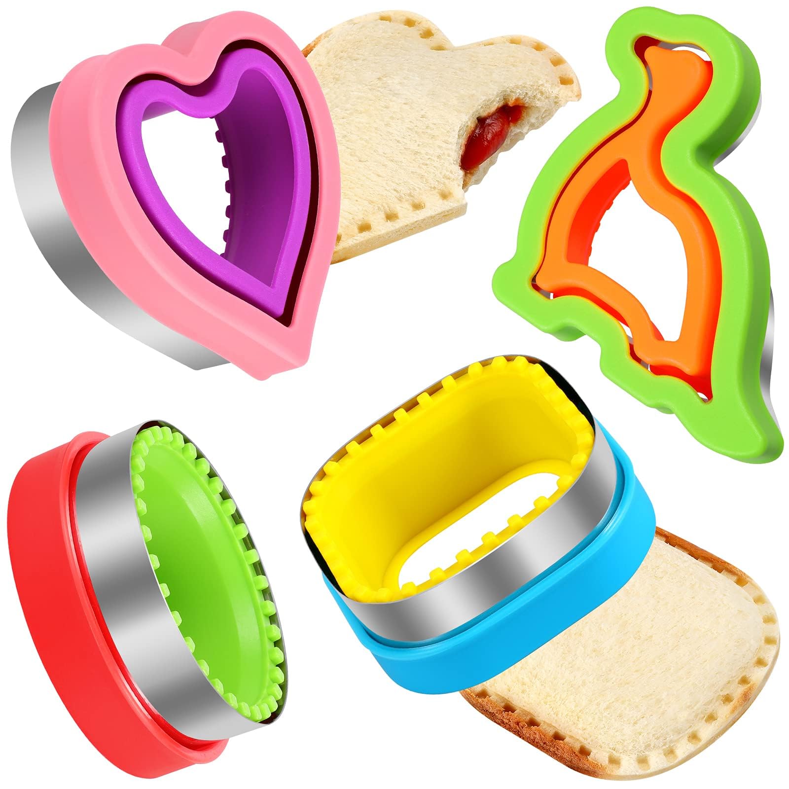 HINZER 4-Piece Sandwich Cutter and Sealer Set - Uncrustables Maker with Heart, Square, Circle & Dinosaur Shapes - Perfect for Bread, Pancakes & DIY Cookies - Great Gift for Kids, Adults, Boys & Girls - Ideal for School Lunches, Picnics & Party Snacks