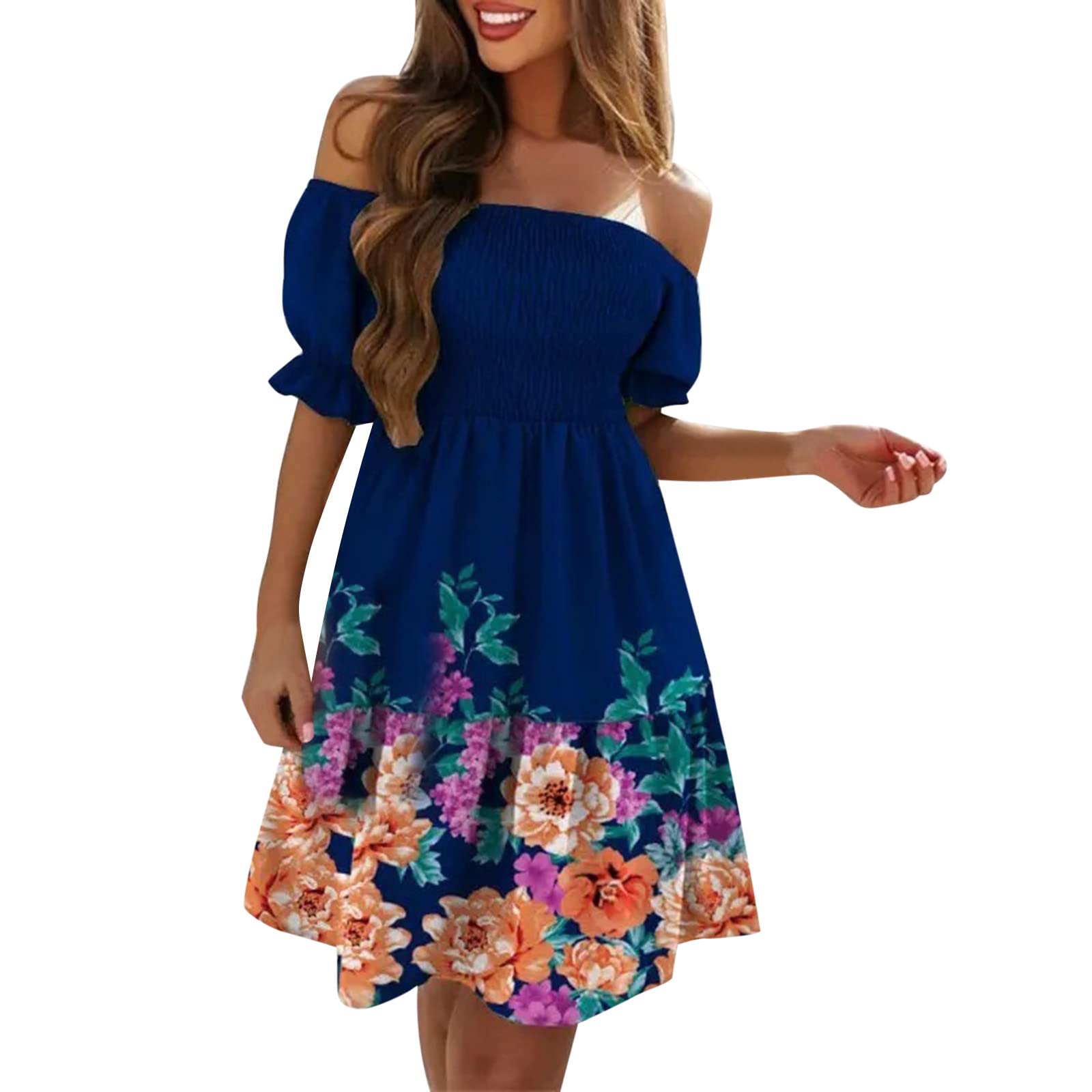 Maxi Solid Dresses for Women - Flowy Off Shoulder Short Sleeve Printed Work Dress | Perfect for Office Wear, Summer Outfits & Casual Occasions