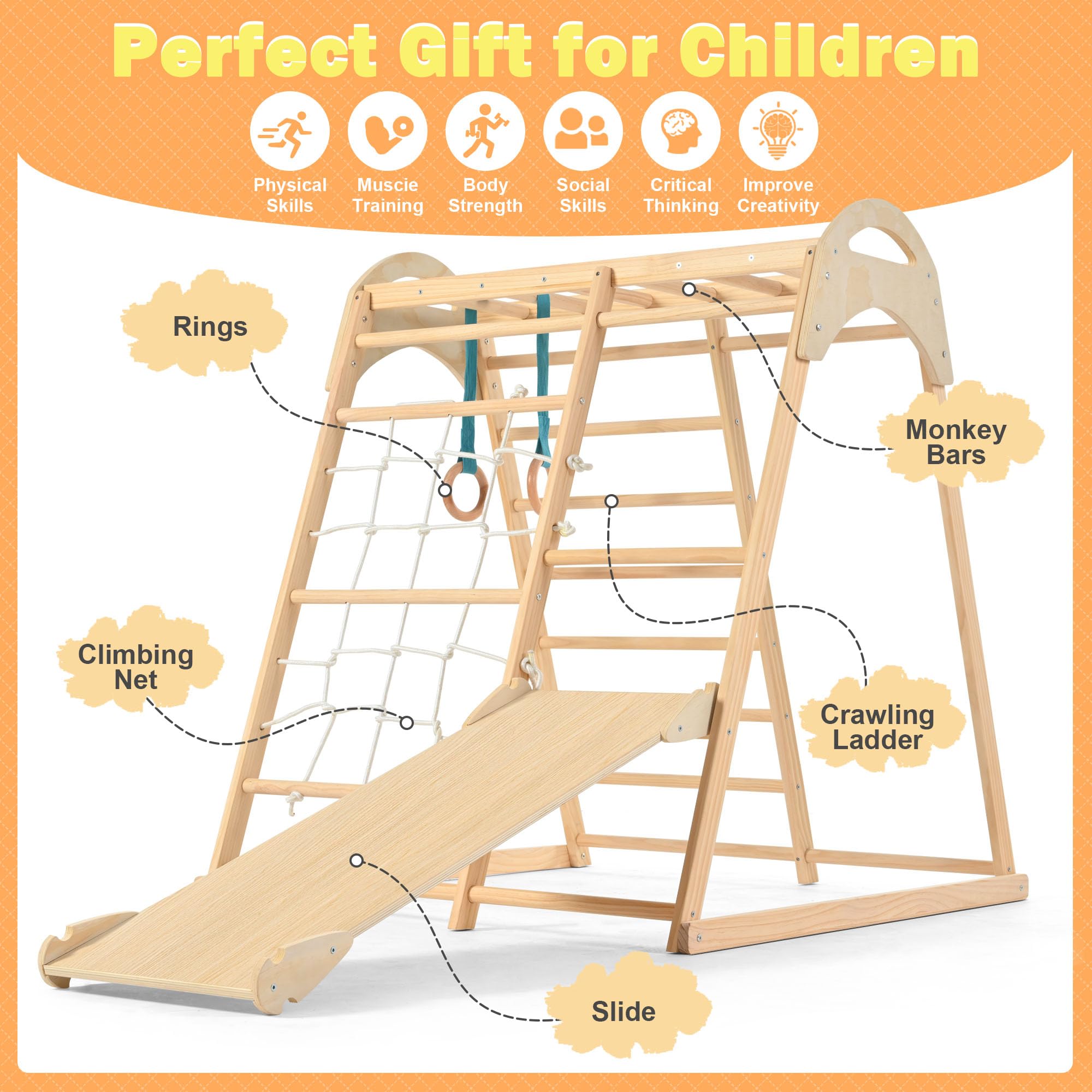OLLIKIVI Wooden Jungle Gym Indoor Playground - Montessori Climber Playset with Tent, Slide, Gymnastics Rings & Climbing Net for Toddlers Ages 1-6 | Perfect for Home Playrooms, Daycares & Preschools