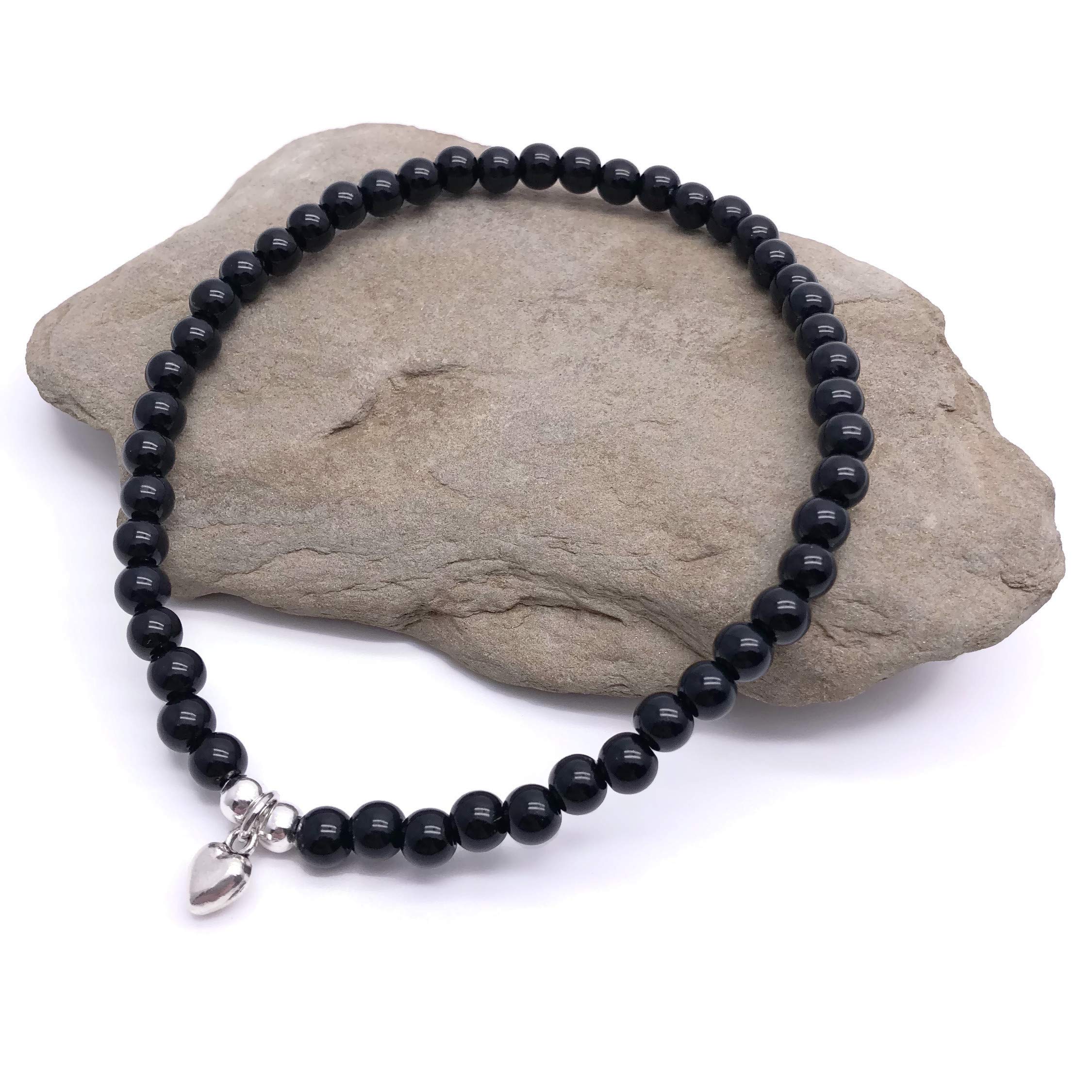 6mm Black Acrylic Beads Heart Charm Anklet - Adjustable 10 Inch Elastic Ankle Bracelet for Women | Perfect for Beach, Summer & Boho Style Jewelry