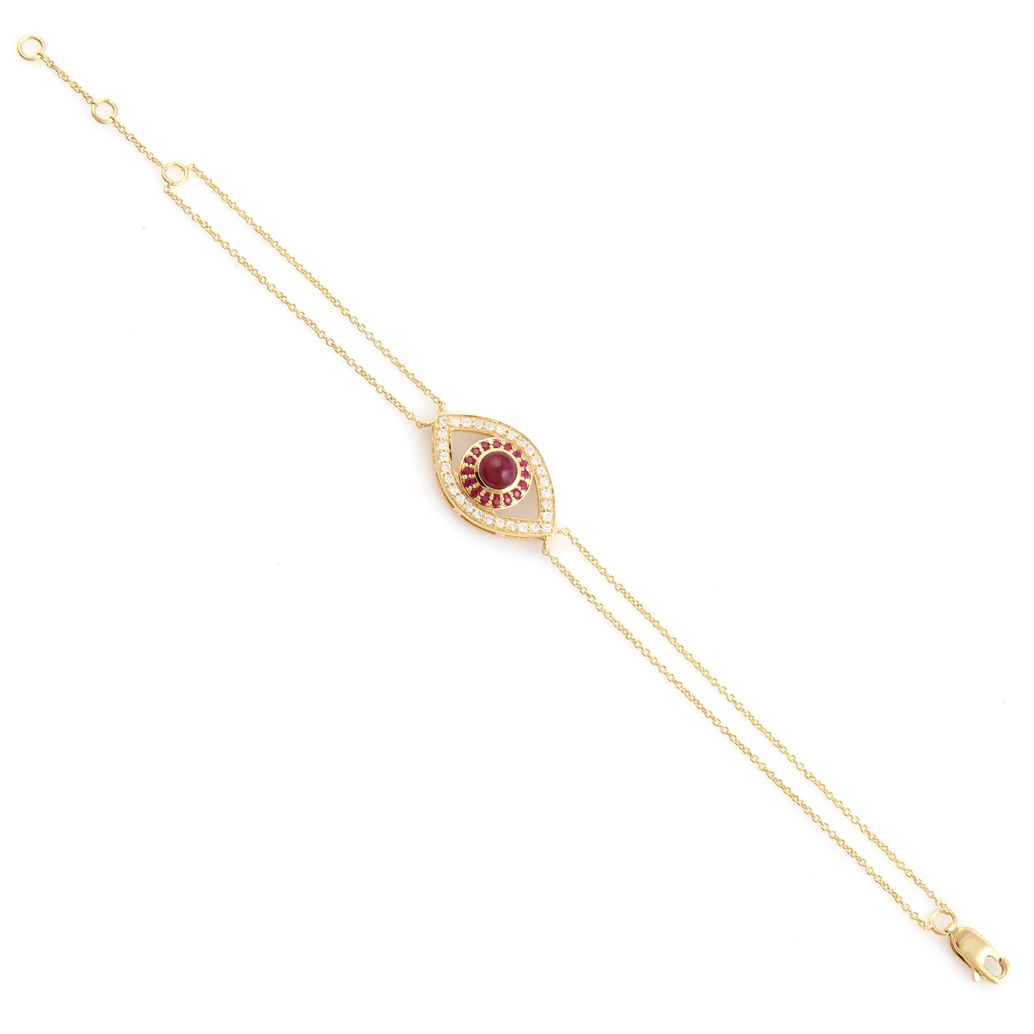 14K Yellow Gold Bezel Set Ruby Pave Diamond Evil Eye Bracelet - Adjustable & Flexible for Protection & Style - Perfect for Everyday Wear, Gifts & Spiritual Jewelry