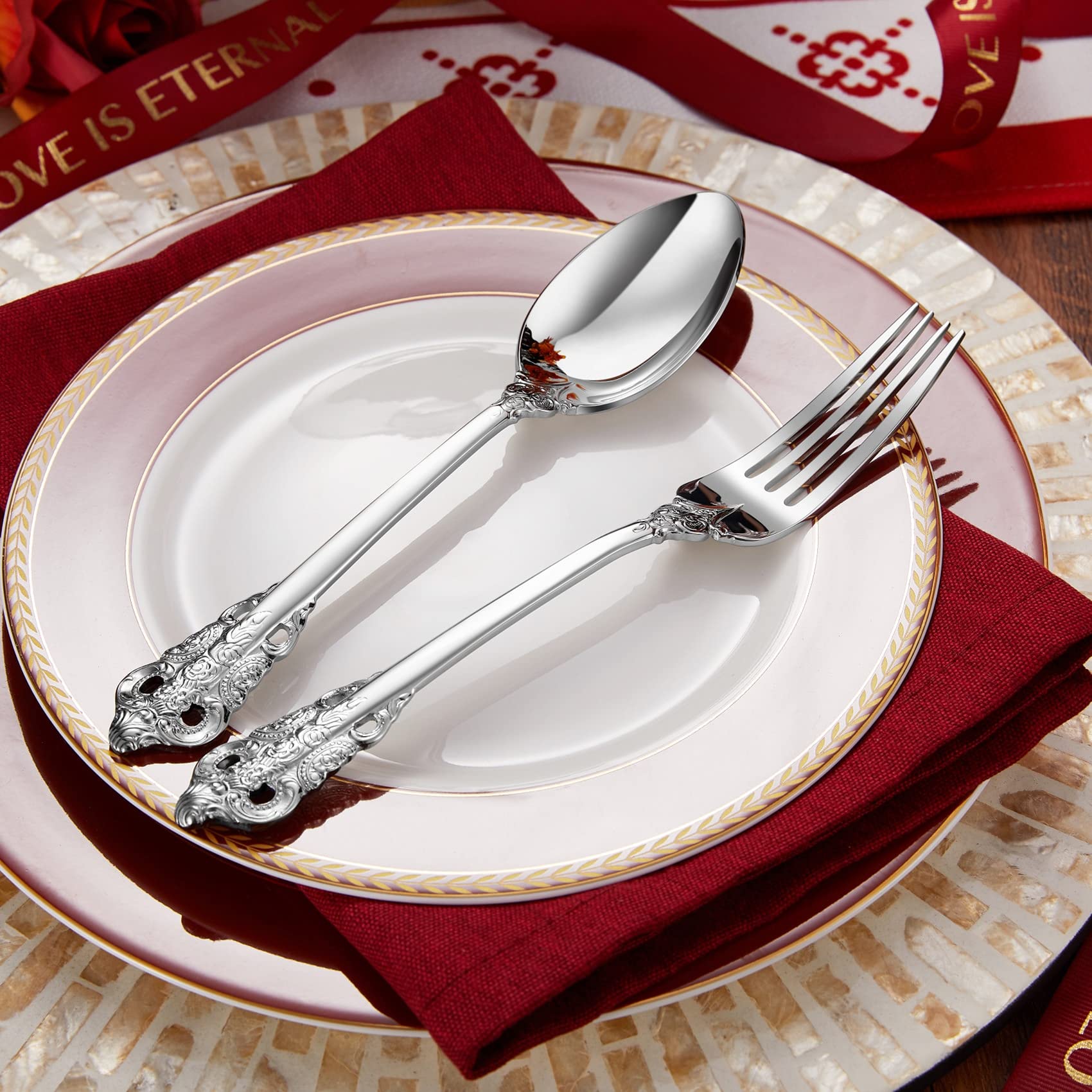 KEAWELL 45-Piece 18/10 Stainless Steel Silverware Set - Service for 8 with Serving Utensils, Mirror Polish Cutlery Set in Antique Baroque Style (Gift Box Included) - Perfect for Fine Dining, Wedding Registry & Luxury Home Decor