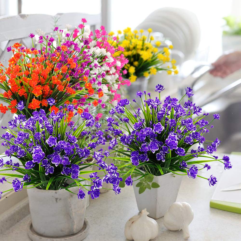 20 Pack UV Resistant Artificial Flowers - Outdoor Fake Plants for Garden, Porch & Window Box Decor - Blue Faux Plastic Flowers for Home & Wedding Decoration