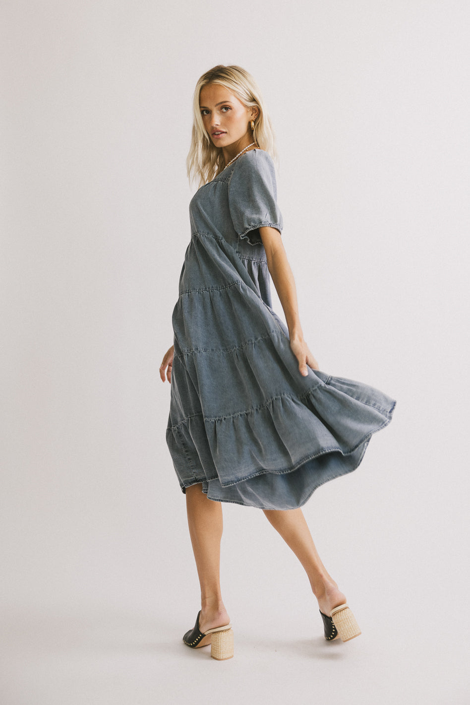 Maribel Denim Midi Dress for Women - Vintage Blue Stretch Denim A-Line Dress with Pockets | Casual Summer Outfit, Date Night, Office Wear