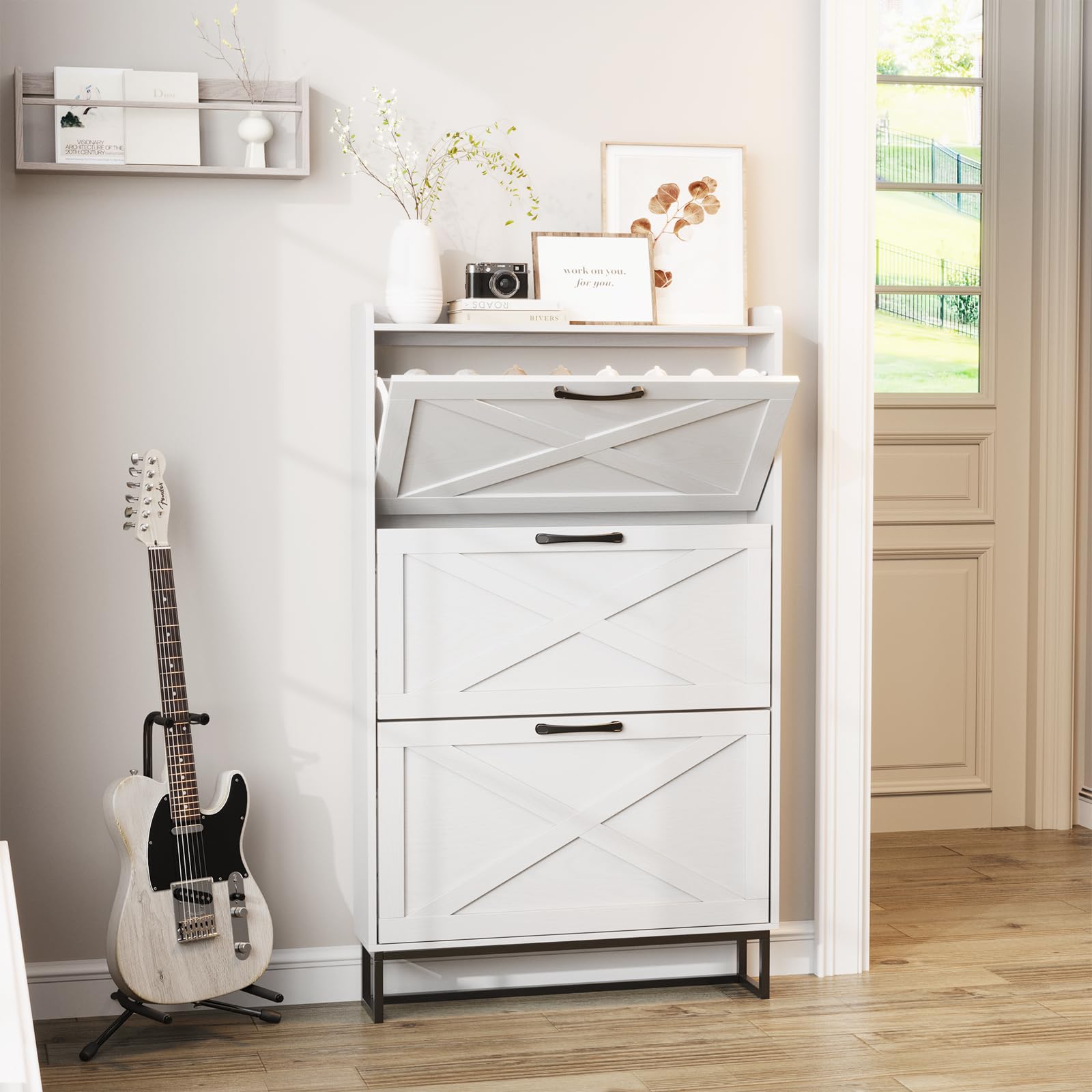 Maupvit Narrow Shoe Cabinet with 3 Flip Drawers - Slim Entryway Shoe Storage Organizer with Metal Legs, Farmhouse Style Free Standing Shoe Rack for Hallway, Living Room & Bedroom Organization