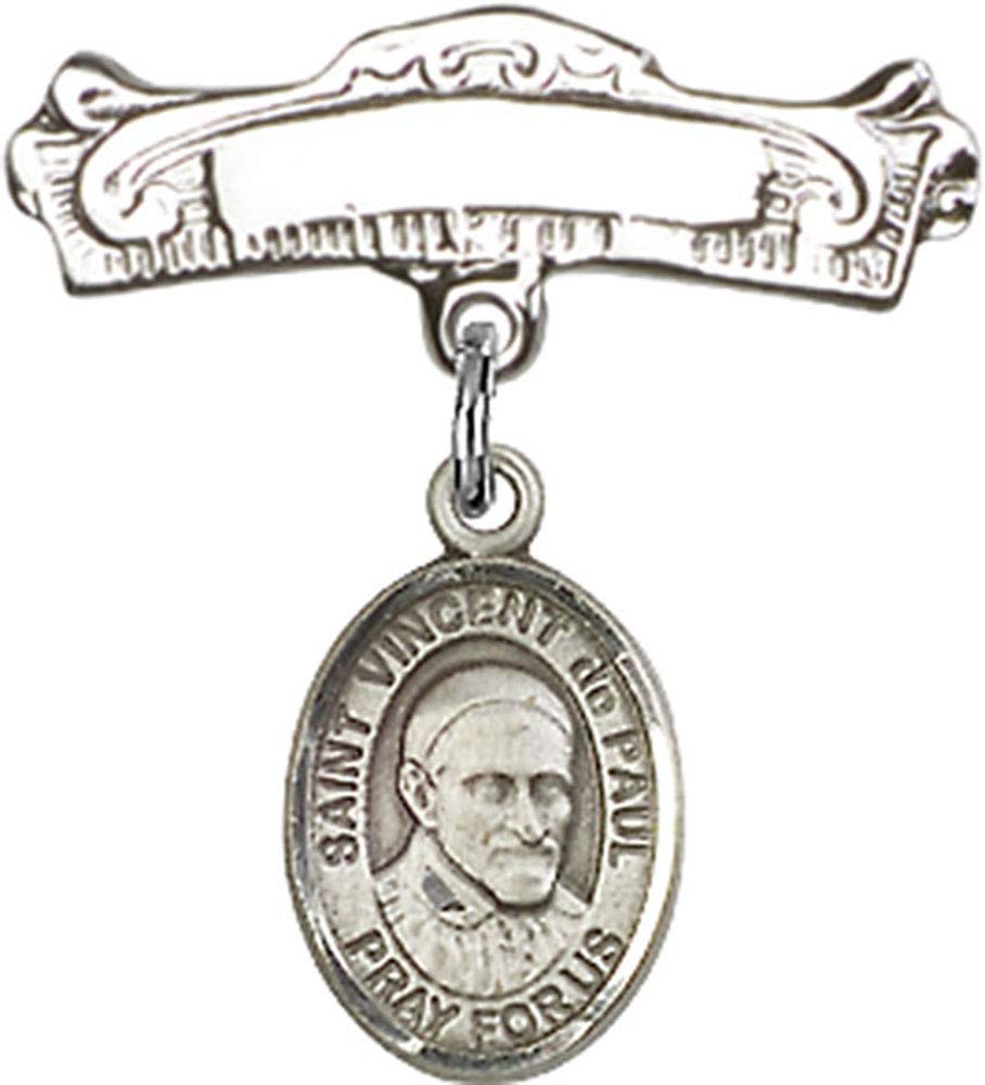 Sterling Silver Baby Badge with St. Vincent de Paul Charm - Elegant Arched Polished Pin for Christening, Baptism & First Communion - Handcrafted in USA - Perfect Religious Gift for Newborns & Infants