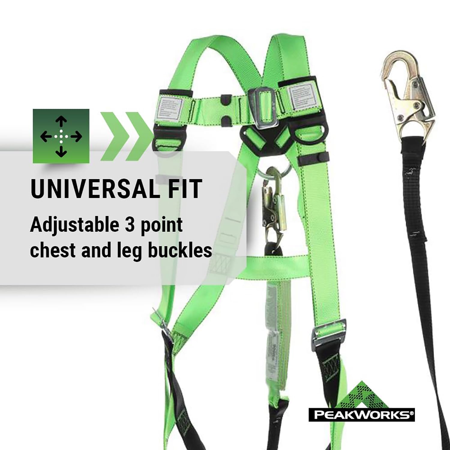 PeakWorks Full Body Safety Harness with 6FT Lanyard - ANSI Compliant 5-Point Fall Protection System, Adjustable Industrial Harness with High Visibility Green Webbing - Perfect for Construction, Roofing & Warehouse Work