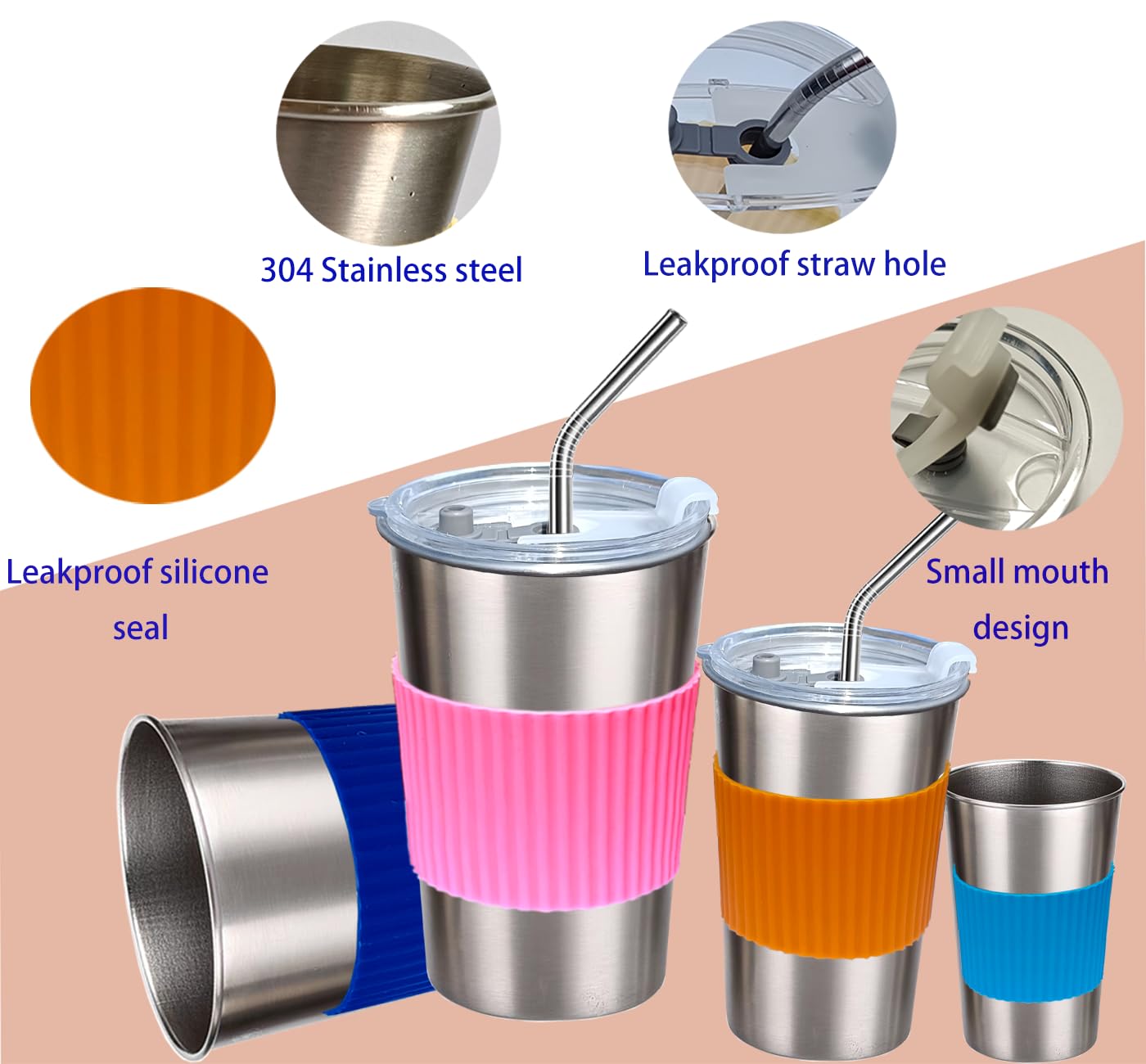 NAVACAL 4 Pack 500ml Stainless Steel Cups with Lids and Straws - Reusable, Leakproof, BPA Free, Unbreakable Metal Tumbler for Coffee, Beer, Smoothies - Perfect for Camping, Travel, Office and Outdoor Activities