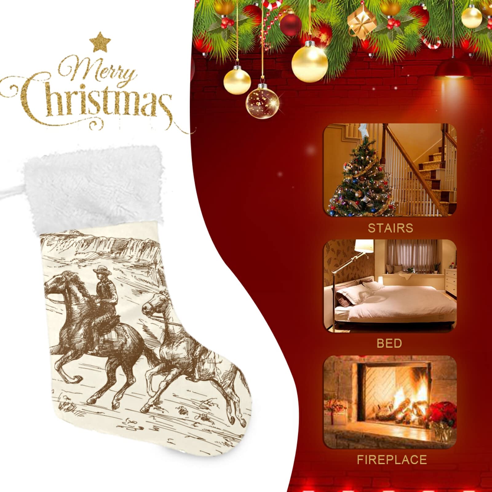 Personalized Large 18 Inch Western Desert Cowboy Christmas Stockings - Cute Snowflake Xmas Stockings for Holiday Decorations, Family Party & Gifts (2PCS) | Perfect for Fireplace Mantel, Christmas Tree Decor & Festive Home Decorating