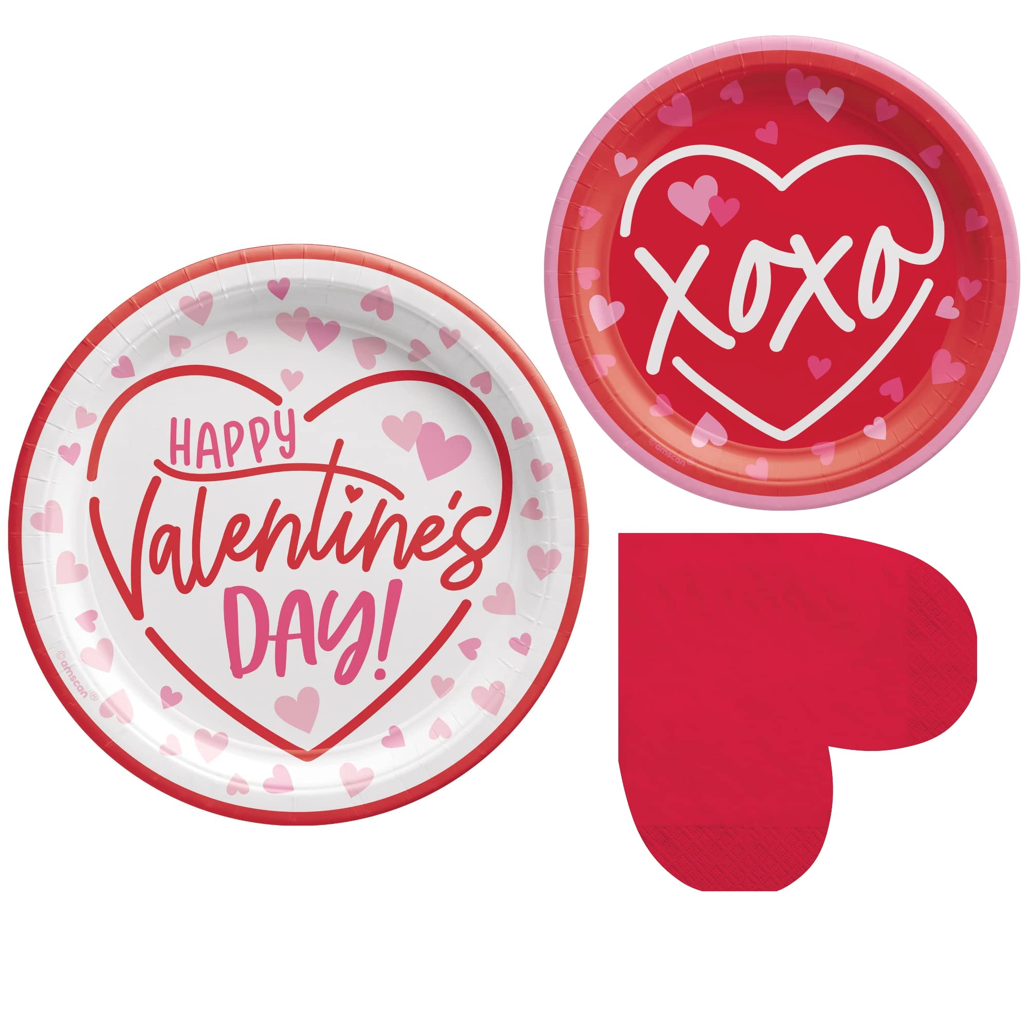 Valentine's Day Party Supplies Set - 8-Person Round Paper Plates & Napkins in Pink, Red & White | Romantic Dinner, Anniversary Celebration, Bridal Shower Decorations