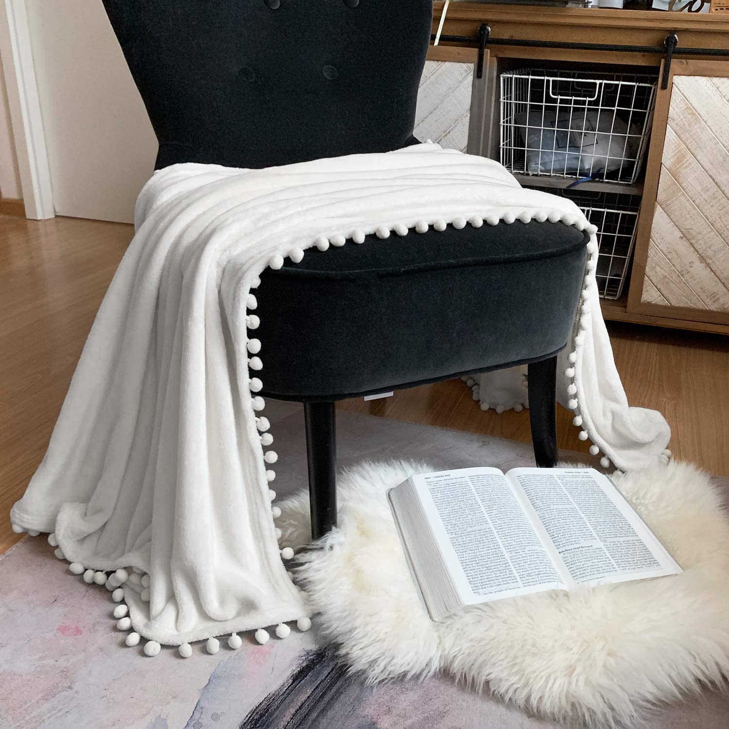 LOMAO Soft Flannel Blanket with Pompom Fringe - Lightweight Cozy Throw Blanket for Bed, Couch & Sofa - All Season Warmth - 60