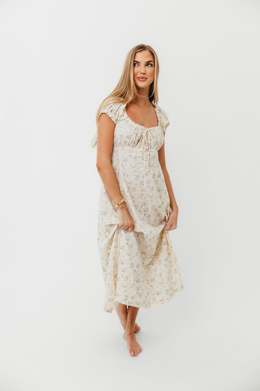 Marley 100% Cotton Midi Dress - Ivory & Blue Floral Print | Bump Friendly Maternity Dress | Perfect for Baby Showers, Brunch & Summer Outings